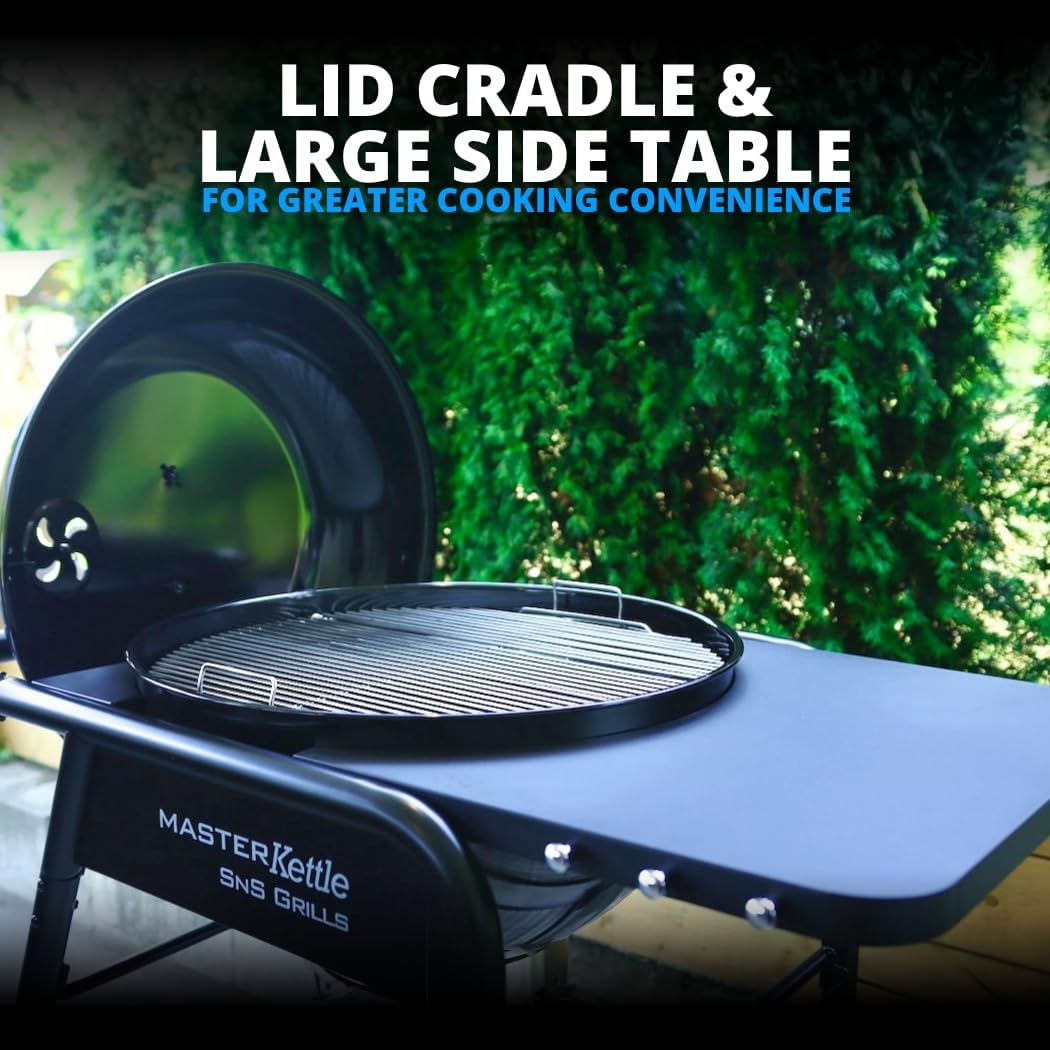 SnS Grills 22-Inch Charcoal Grill and Smoker — MasterKettle with Patented Slow 'N Sear Deluxe Insert, 304 Stainless EasySpin Grate, Integrated Side Table, 10-Year Warranty.