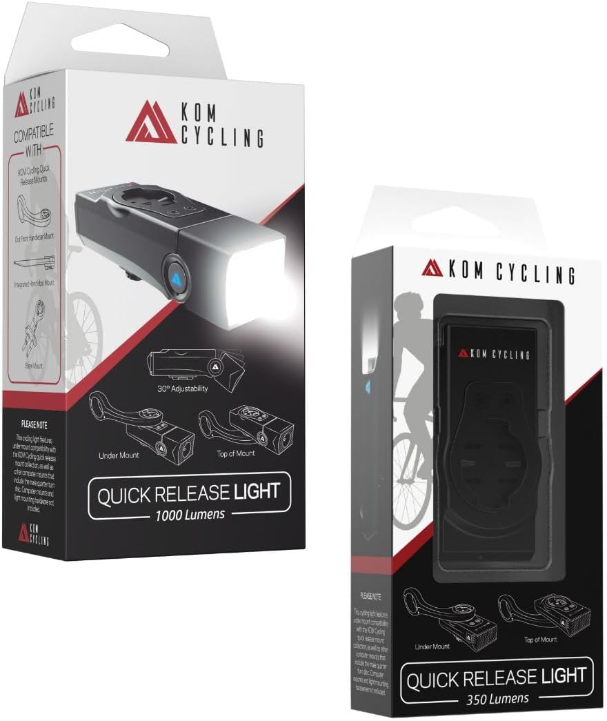 Quick Release 1000 Lumen Bike Front Light by KOM Cycling - Designed for Wahoo and Garmin Mounts with Quarter Turn - 6 Modes, Top or Bottom Mounting, 30 Degree Hinge