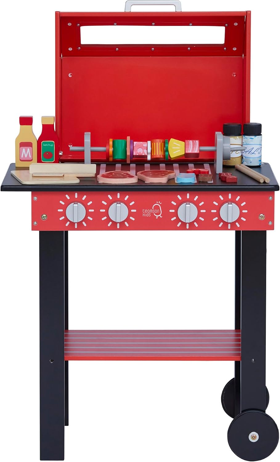 Teamson Kids Little Helper Backyard Pretend Propane BBQ Grill Interactive Wooden Play Set with Accessories and Storage Space for Easy Clean Up, Red