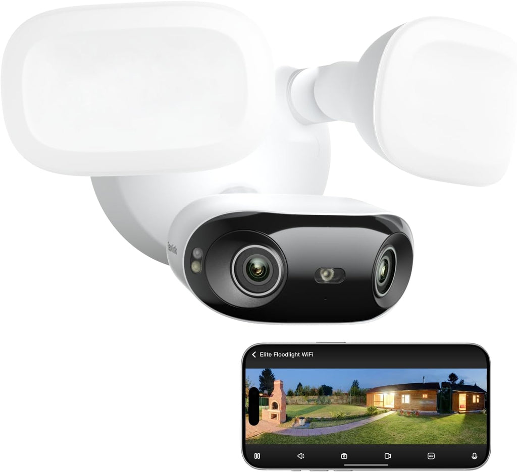 REOLINK Elite Floodlight WiFi, 4K 8MP 180° Panoramic Wired Floodlight Camera, Adjustable 3000 Lumens, Local AI Video Search, Dual-Band Wi-Fi 6, 24/7 Recording, No Monthly Fees, 100~240V AC Hardwired
