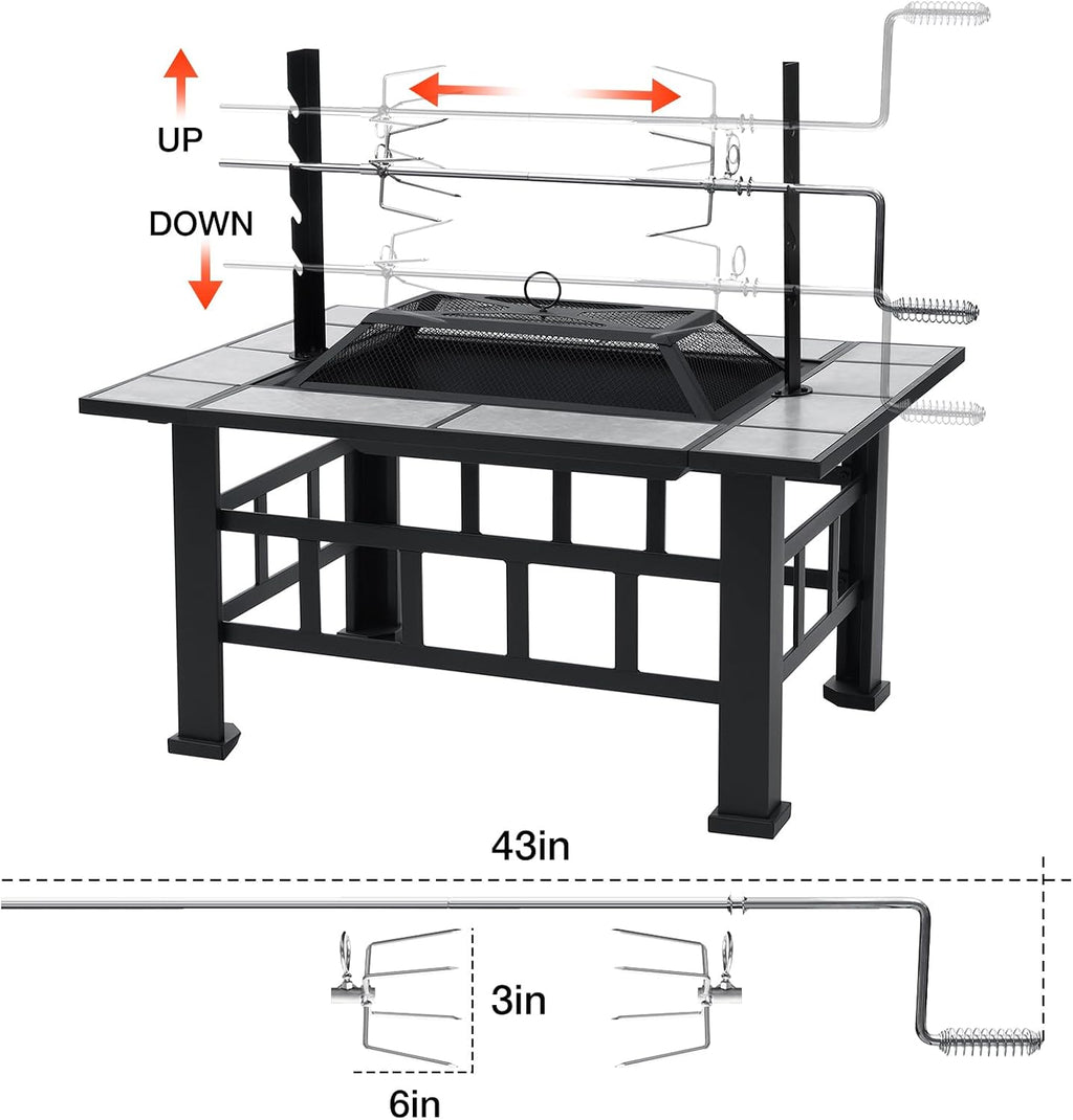 Fire Pit Table for Outside 37 Inch Square Firepits with Grill Large Wood Burning Heavy Duty Steel BBQ Bonfire Pit Outdoor Cooking with Spark Screen Log Grate Poker for Backyard Garden Camping