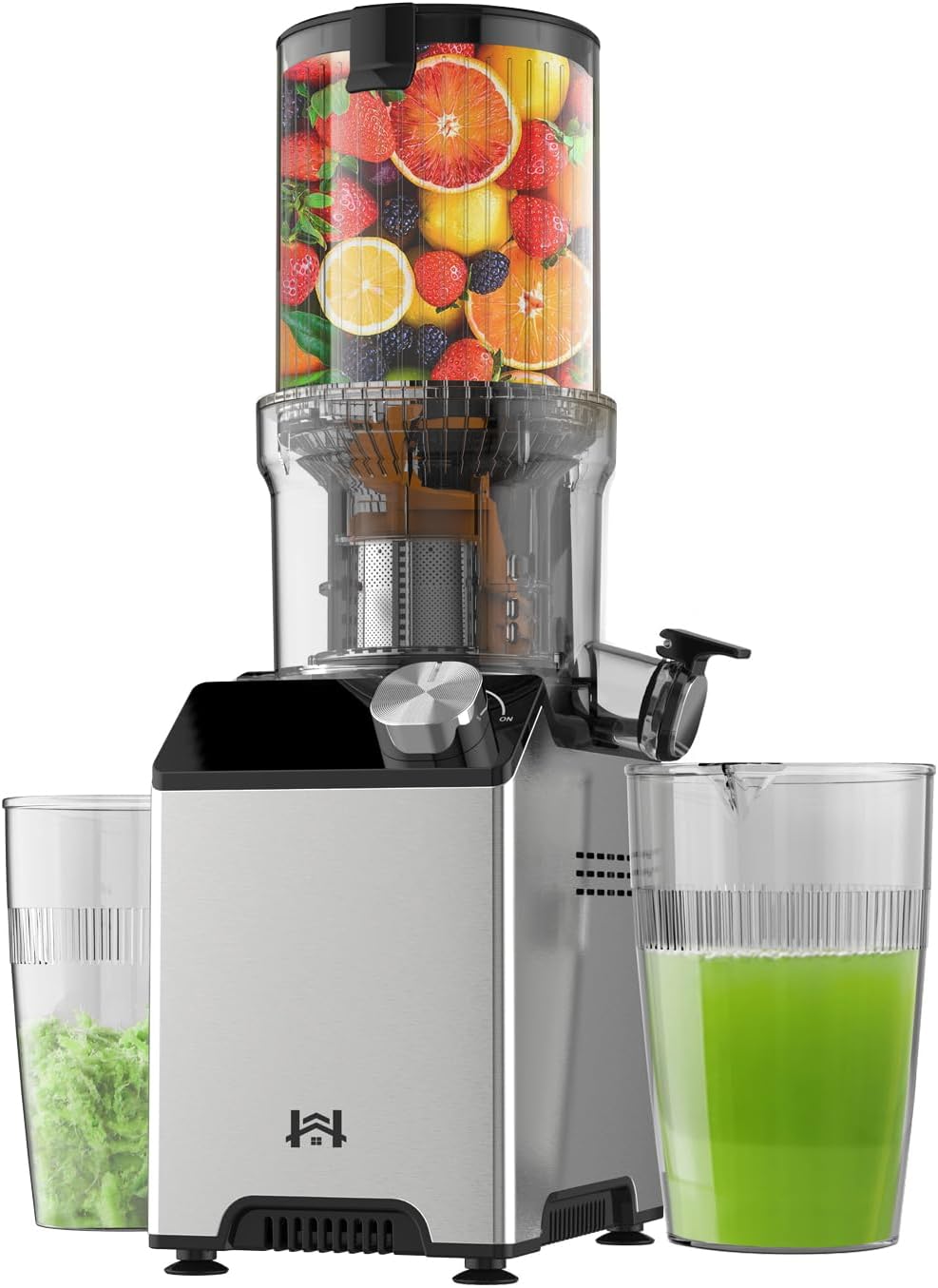 Cold Press Juicer, Wide Feed Chute Juicer Machines, Stainless Steel Slow Masticating Juicers Easy to Clean, Vegetables & Fruits Juice Extractor, High Juice Yield, Silver Knob