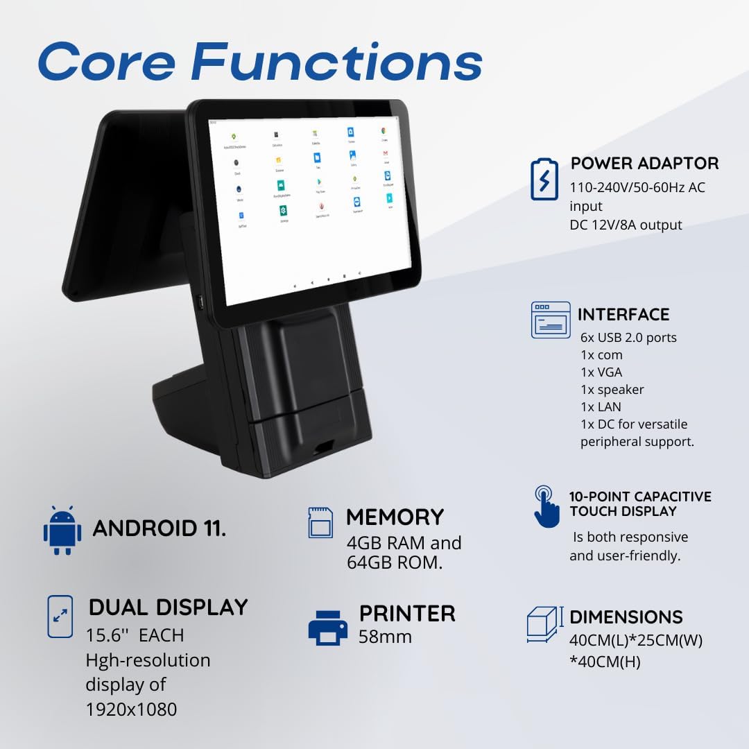 All in One Point of Sale M9 with 15.6'' Dual Touch Screen. OS Android 11 and i3 Processor.. Touch Pos with 58mm Thermal Printer for Receipts, powerful configuration Wi-fi, 4GB RAM and 64GB ROM.