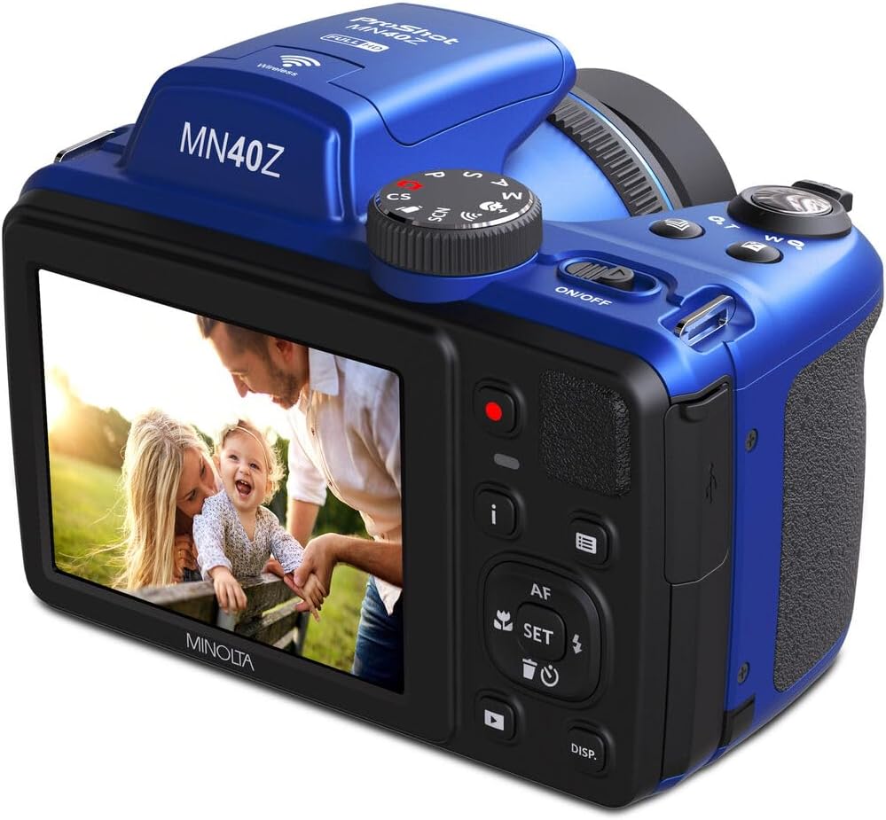 MINOLTA MN40Z 20 Mega Pixels 40x Optical Zoom Digital Camera with 1080p FHD Video (Blue) Bundle with 64GB Memory Card + Vlogging Tripod + More Accessories