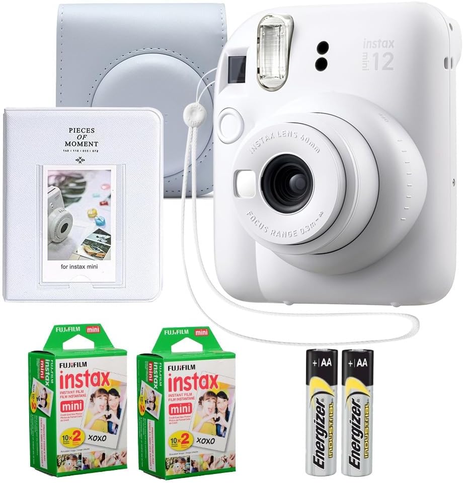 Fujifilm Instax Mini 12 Instant Camera Clay White Bundle – Includes 40-Sheets Instax Mini Film, Protective Case, and Mini Photo Album