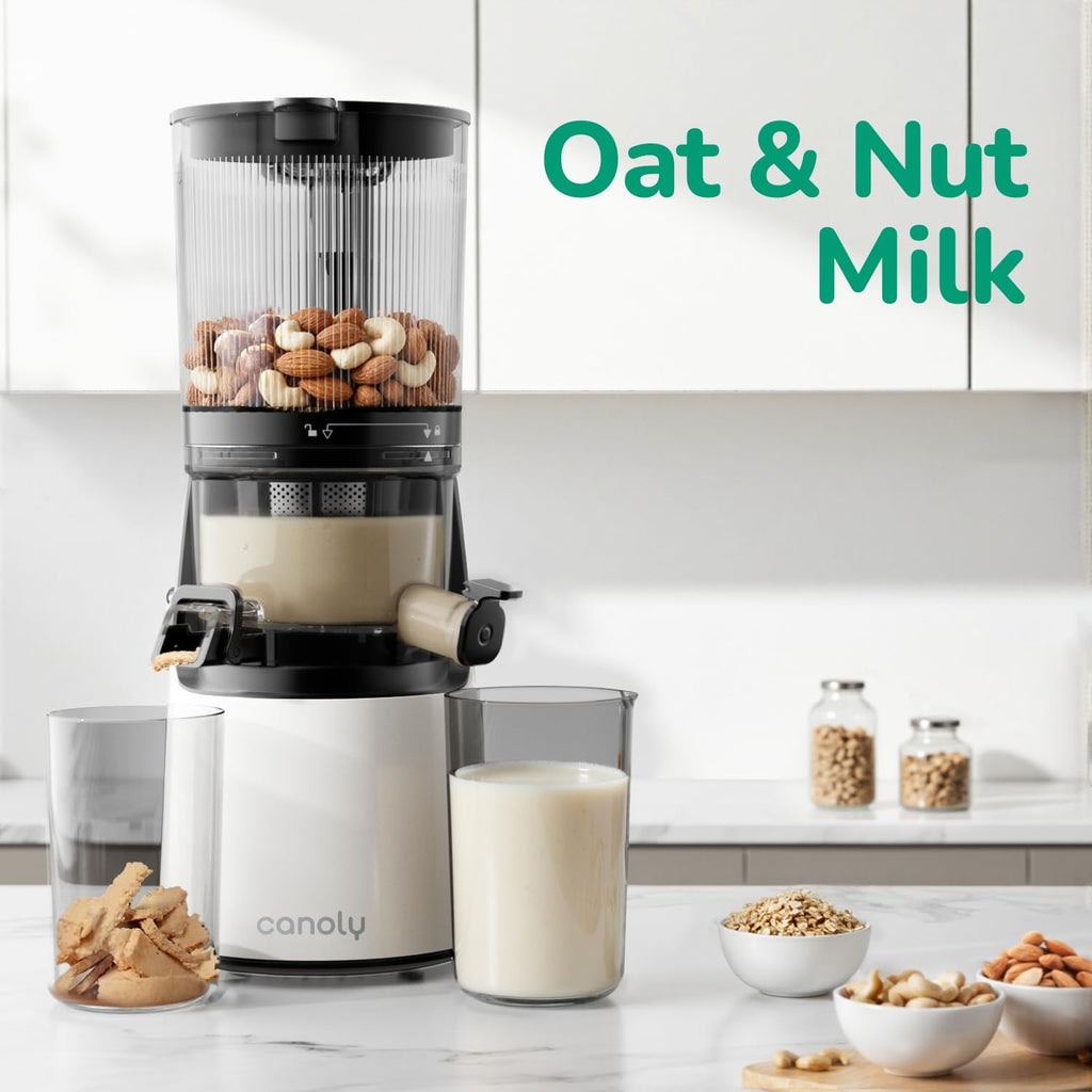 Canoly C16 Cold Press Juicer, 6' Extra Wide Feed Chute, 3-IN-1 Strainers (Juice & Sorbet & Nut Milk), Powerful AC Brushless Motor, Self Precut System, Juicer Machines with BPA-Free (Pearl White)
