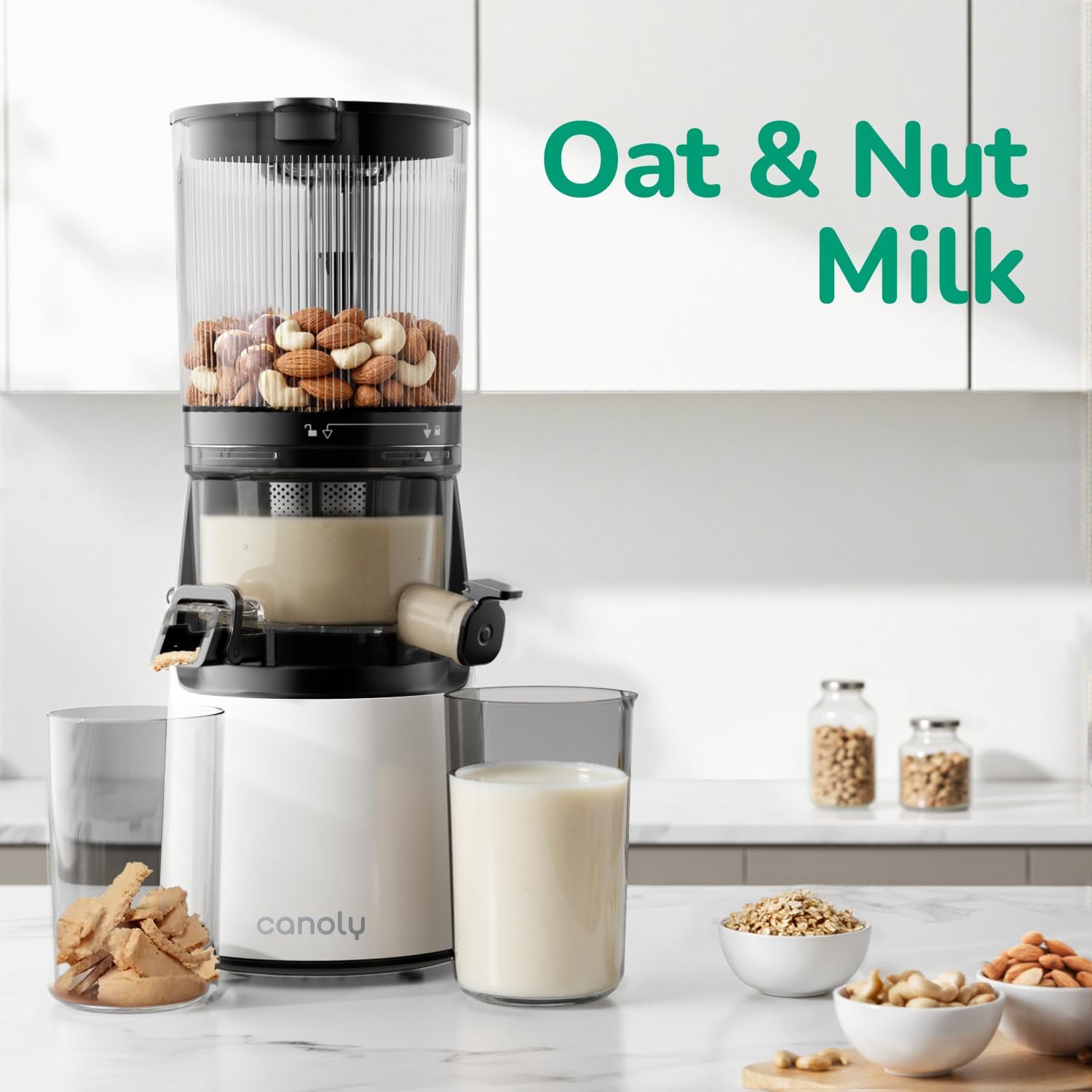 Canoly C16 Cold Press Juicer, 6' Extra Wide Feed Chute, 3-IN-1 Strainers (Juice & Sorbet & Nut Milk), Powerful AC Brushless Motor, Self Precut System, Juicer Machines with BPA-Free (Pearl White)