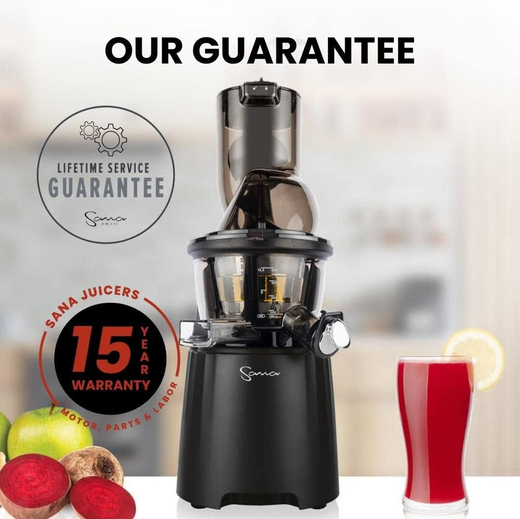 SANA 868 Wide Mouth Premium Cold Pressed Vertical Juicer | Patented Trap Door System | Includes 2 Premium Accessories | 240W High Torque Motor | 15 Year Warranty (Black)