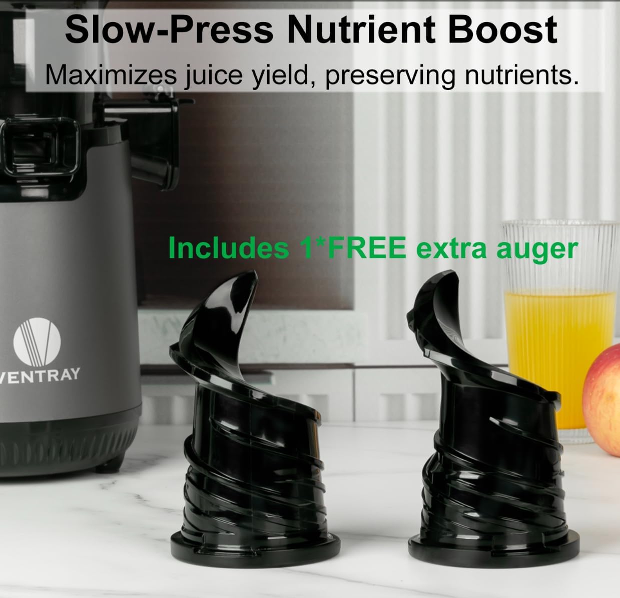 Ventray Cold Press Juicer, Juicer Machine with 5.12'' Extra Large Feed Chute, Slow Masticating Juicer for Whole Vegetables & Fruits, High Juice Yield, Easy to Clean with Brush