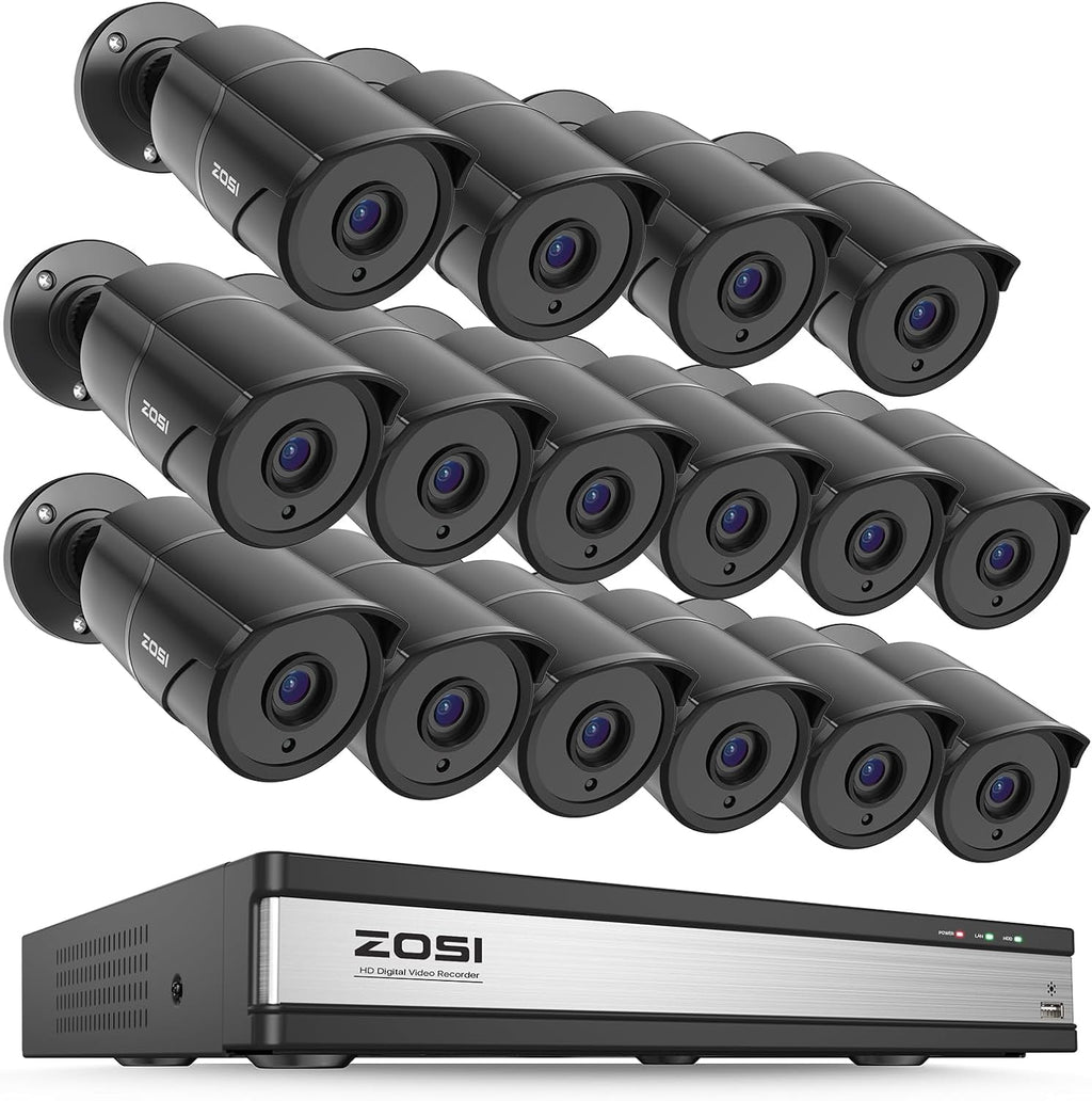 ZOSI 16CH 3K Lite Security Camera System with Audio, AI Human/Vehicle Detection, Night Vision, 16 x 1080P Metal Weatherproof Wired Cameras, 16 Channel Surveillance DVR for 24/7 Recording (NO HDD)