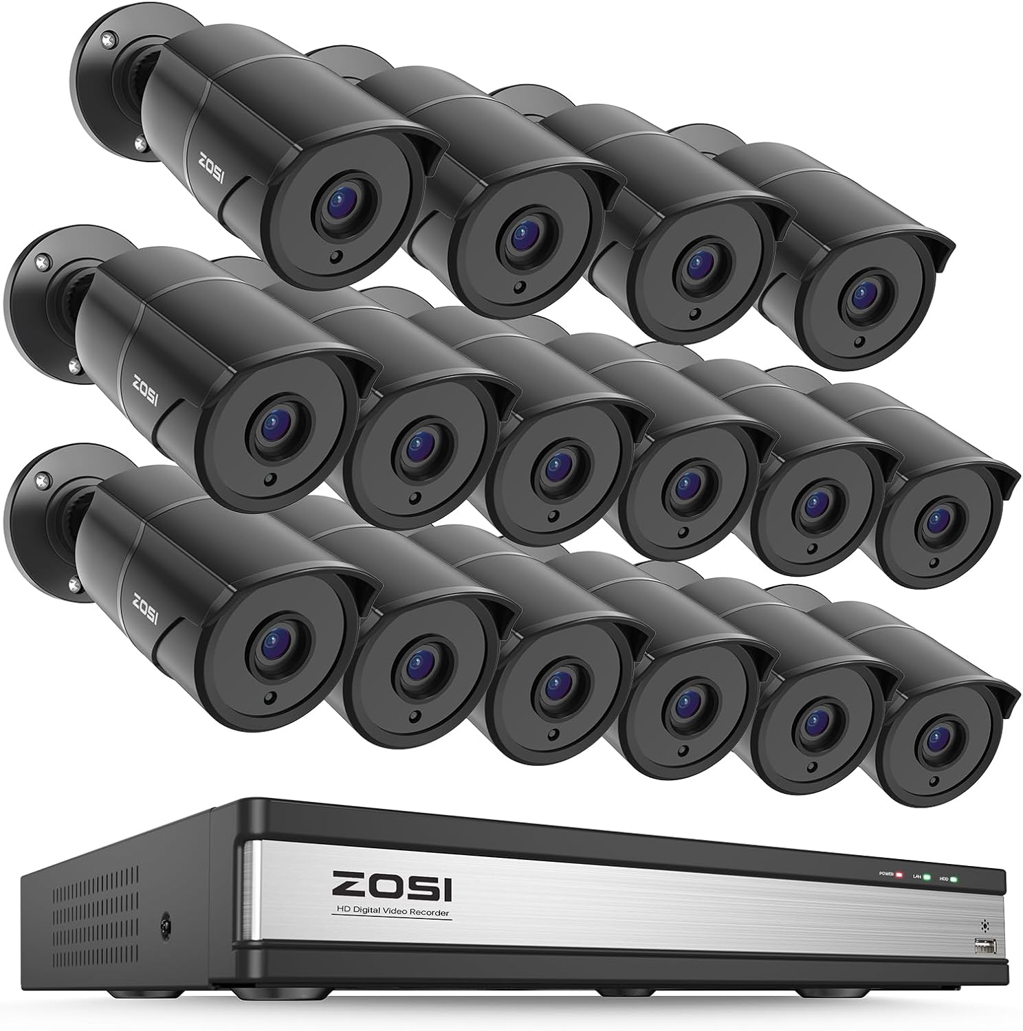 ZOSI 16CH 3K Lite Security Camera System with Audio, AI Human/Vehicle Detection, Night Vision, 16 x 1080P Metal Weatherproof Wired Cameras, 16 Channel Surveillance DVR for 24/7 Recording (NO HDD)