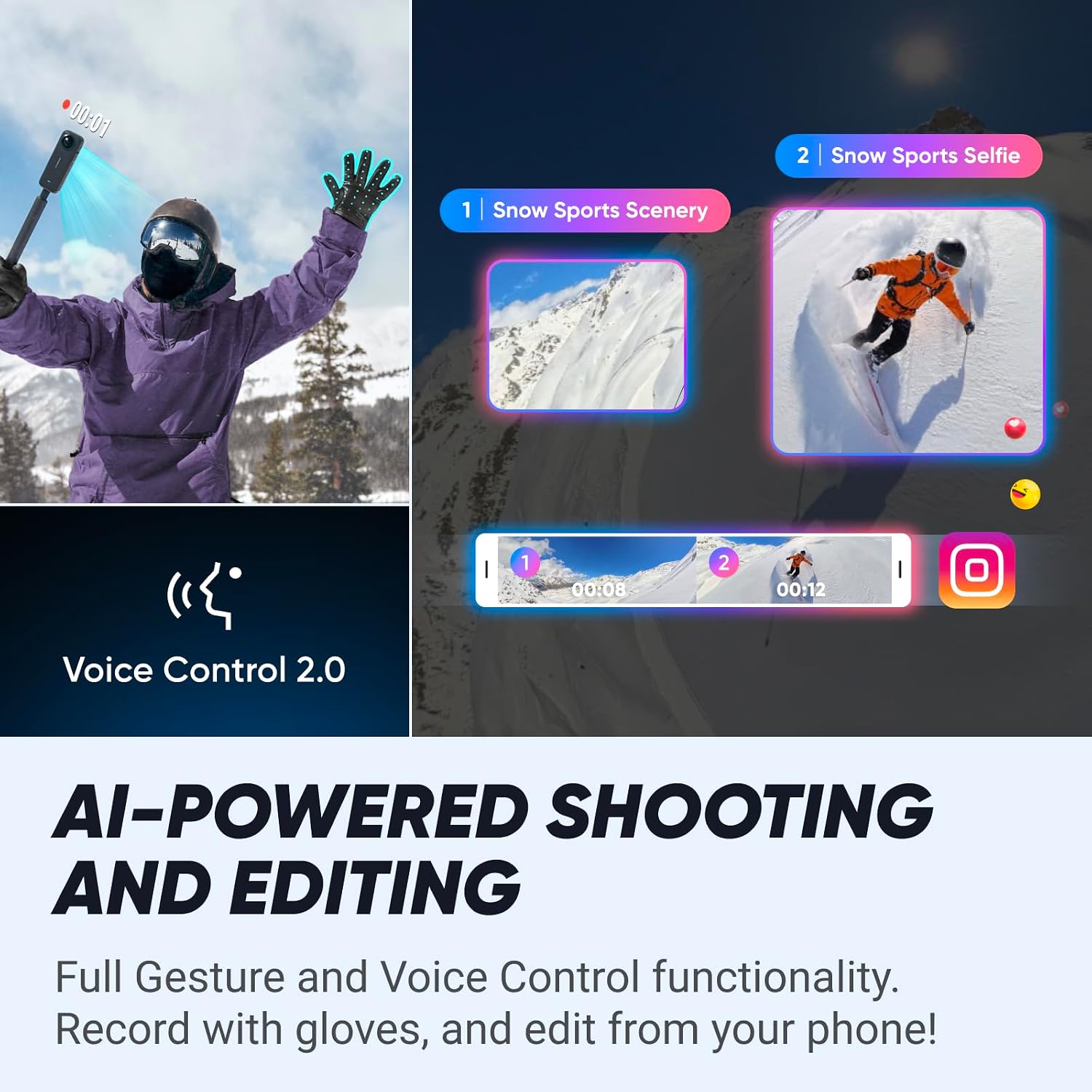Insta360 X4 Ski Bundle - 8K Waterproof 360 Action Camera, 4K Wide-Angle Video, Invisible Selfie Stick, Removable Lens Guards, 135 Min Battery Life, AI Editing, No Micro SD Card