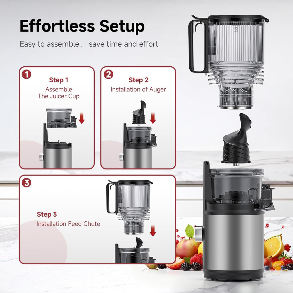 Cold Press Juicer Machine with 6' Extra-Wide Feed Chute,Triple Stainless Steel Filter,Quiet DC Motor,Easy to Clean,Slow Masticating Juicer High Juice Yield,Grey