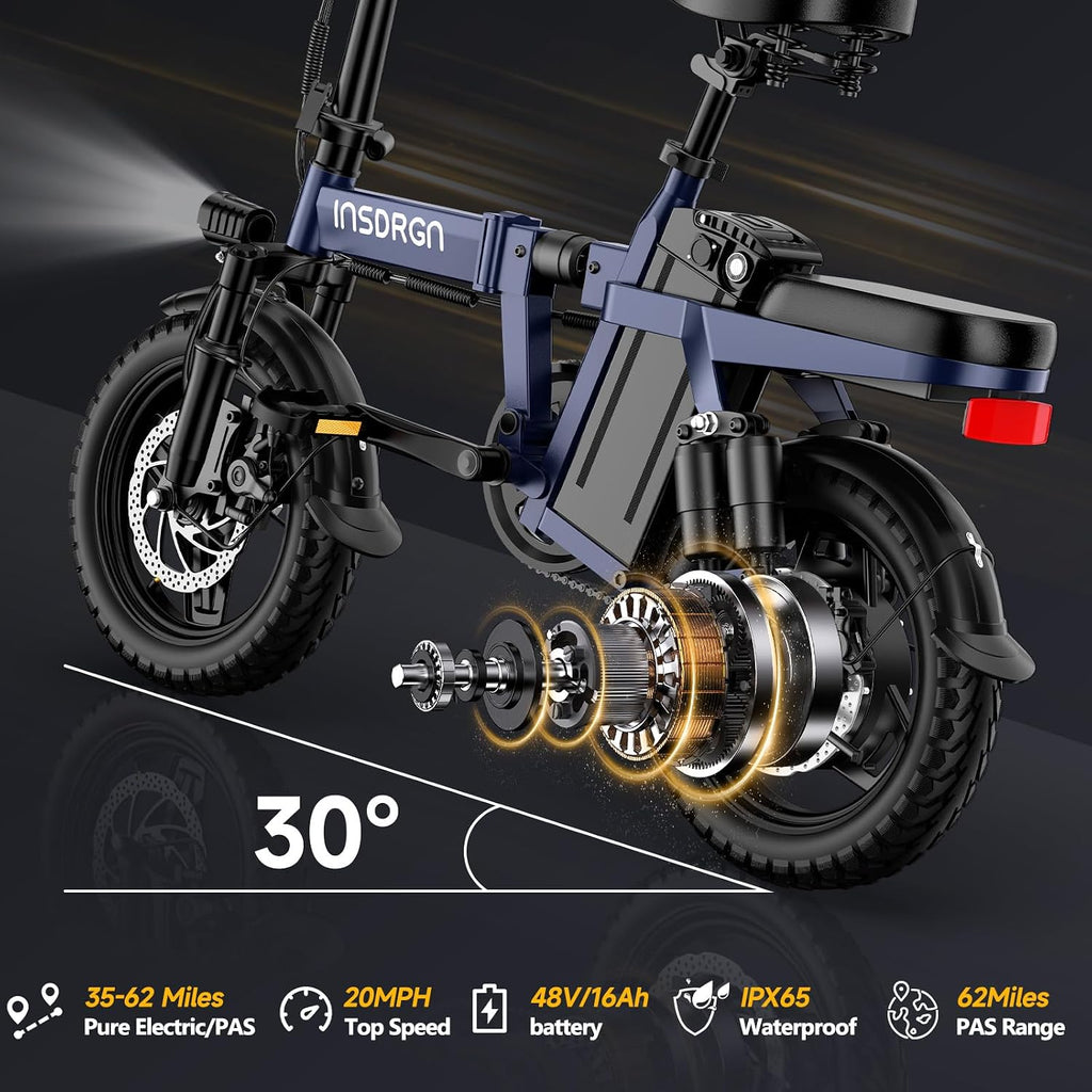 INSDRGN Folding Electric Bike for Adults Teens, Peak 1500W, 62 Miles PAS Range, 48V 16AH Removable Li Battery Ebike, 9 Shocks Full Suspension, 20 MPH Electric Bicycle, UL2849 Certified