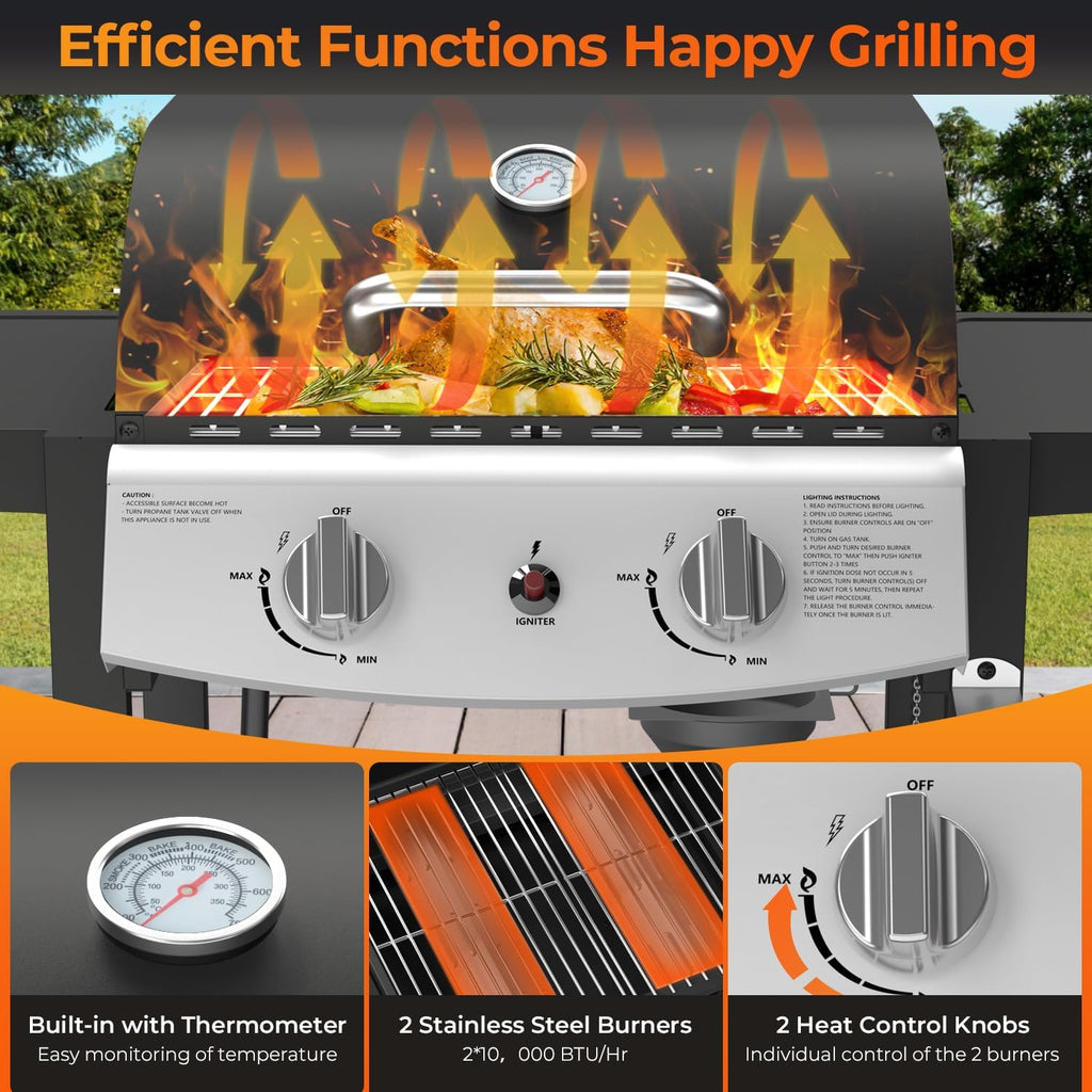 2-Burner Propane Gas Grill with Side Tables-20,000 BTU Stainless Steel Outdoor BBQ Grill,325 sq.in. Portable with Side Storage Shelves and Wheels for Patio, Campingfor Patio & Camping,Black