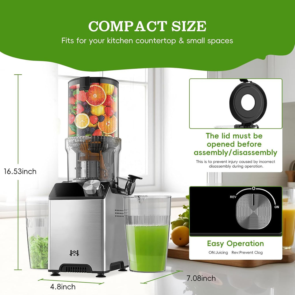 Cold Press Juicer, Wide Feed Chute Juicer Machines, Stainless Steel Slow Masticating Juicers Easy to Clean, Vegetables & Fruits Juice Extractor, High Juice Yield, Silver Knob
