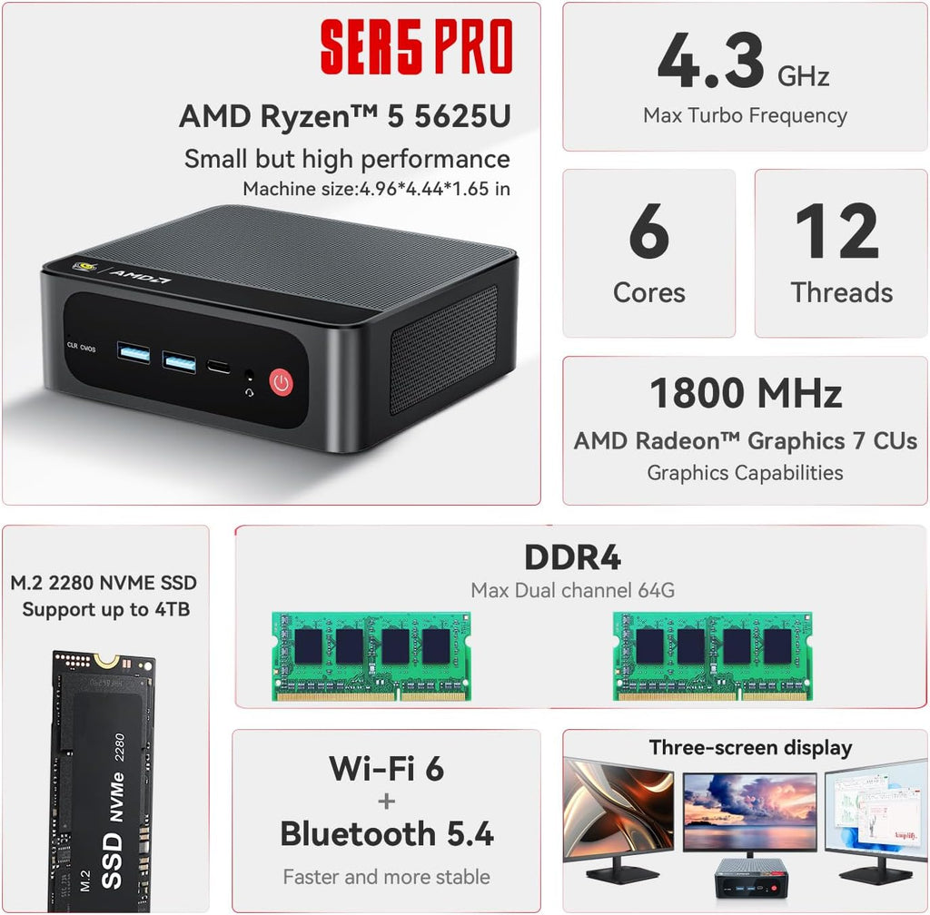 Beelink SER5 Pro Mini PC, AMD Ryzen 5 5625U(up to 4.3GHz) 6C/12T, Mini Computer 16GB DDR4 RAM 480GB NVMe SSD, Mini Desktop Computer 4K@60Hz Dual Display HDMI&DP WiFi6/BT5.2/WOL/HTPC/W-11 Pro