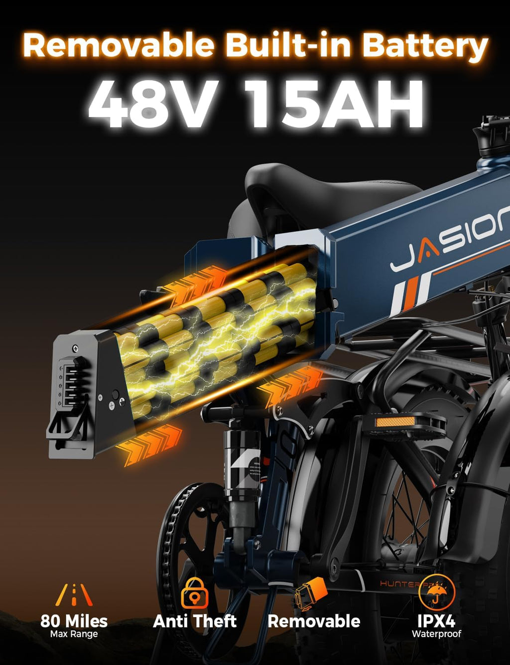 Jasion X Hunter PRO Electric Bike for Adults,1800W Peak 20''Fat Tire Foldable E Bikes,Folding Ebike Up to 80 Miles Range 30 MPH,720 WH Removable Battery,Certified by UL2849，X Hunter Upgrade