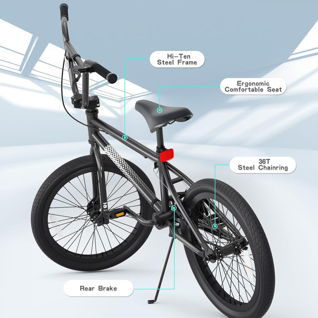 KORIMEFA Freestyle BMX Bike 18 20 inch Kids Boys Trick Bicycle for 7-12 Years Old, Hi-Ten Steel Frame, Beginner-Level to Advanced Riders