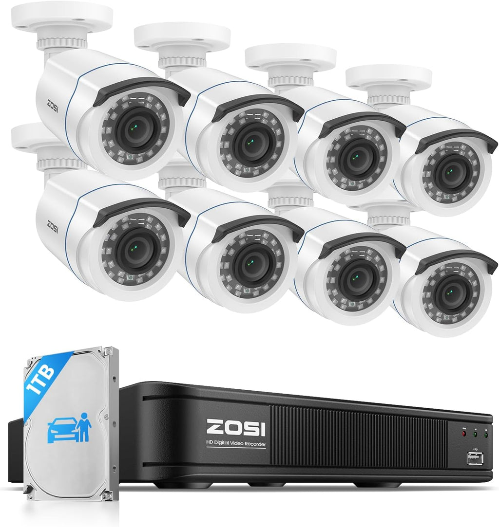ZOSI H.265+ Home Security Camera System with AI Human Vehicle Detection, 5MP 3K Lite 8 Channel CCTV DVR Recorder and 8 x 1080p Weatherproof Bullet Camera Outdoor Indoor, 80ft Night Vision, 1TB HDD