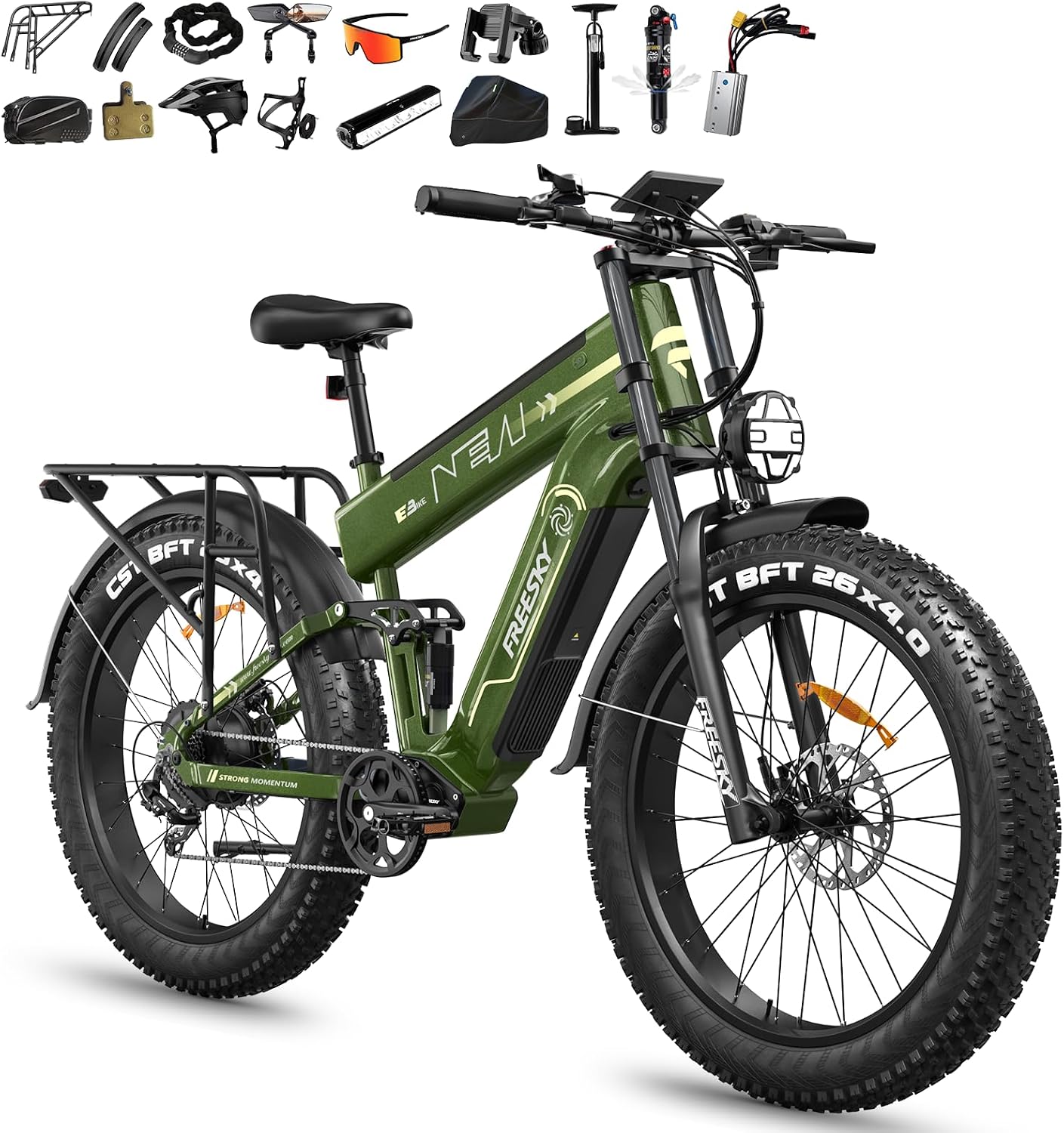 FREESKY Dual Battery Electric Bike for Adults, 48V 45AH 200 Miles Long Range E Bike, 4000W Motor 40MPH+, 26' Fat Tire Fast Mountain EBike, Full Suspension & Hydraulic Brakes, UL 2849 Certified by TÜV