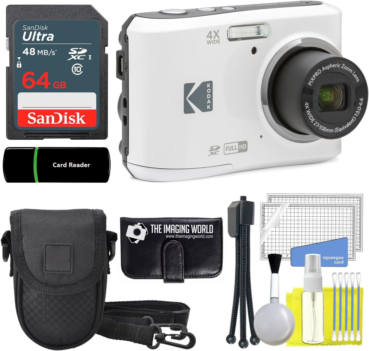 Kodak PIXPRO FZ45 16MP Digital Camera 4X Optical Zoom 27mm Wide Angle 1080P Full HD Video 2.7' LCD Camera (White) + 64GB Card and Reader + Case + Memory Wallet + Tripod + Cleaning Bundle