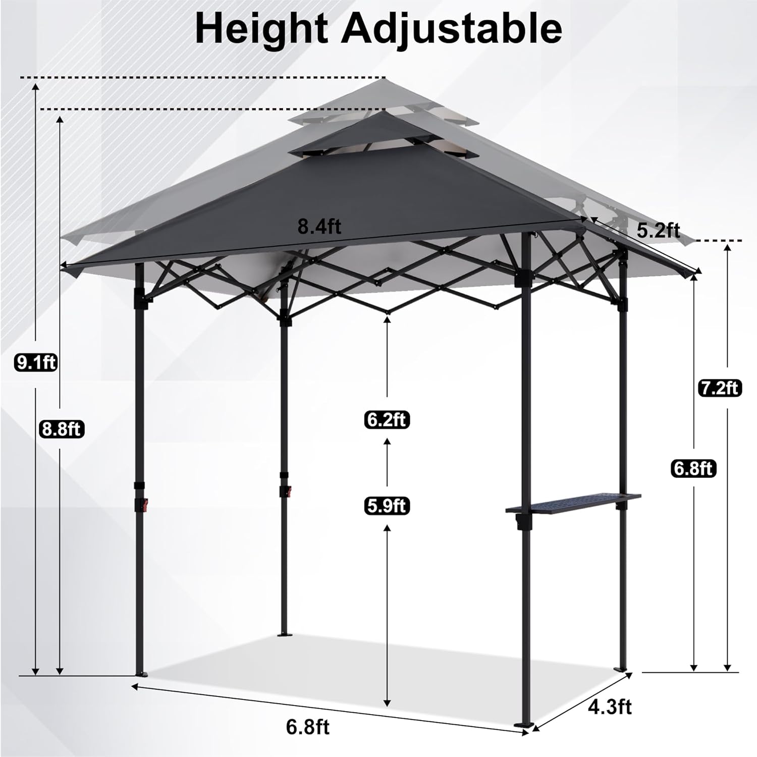 ABCCANOPY 8x5 Pop Up Grill Gazebo - Outdoor BBQ Canopy with Shelf & Sidewall, Portable Barbeque Shelter with 2 Magnetic LED Lights, Carry Bag for Patio Garden Events Picnic Grilling, Dark Gray