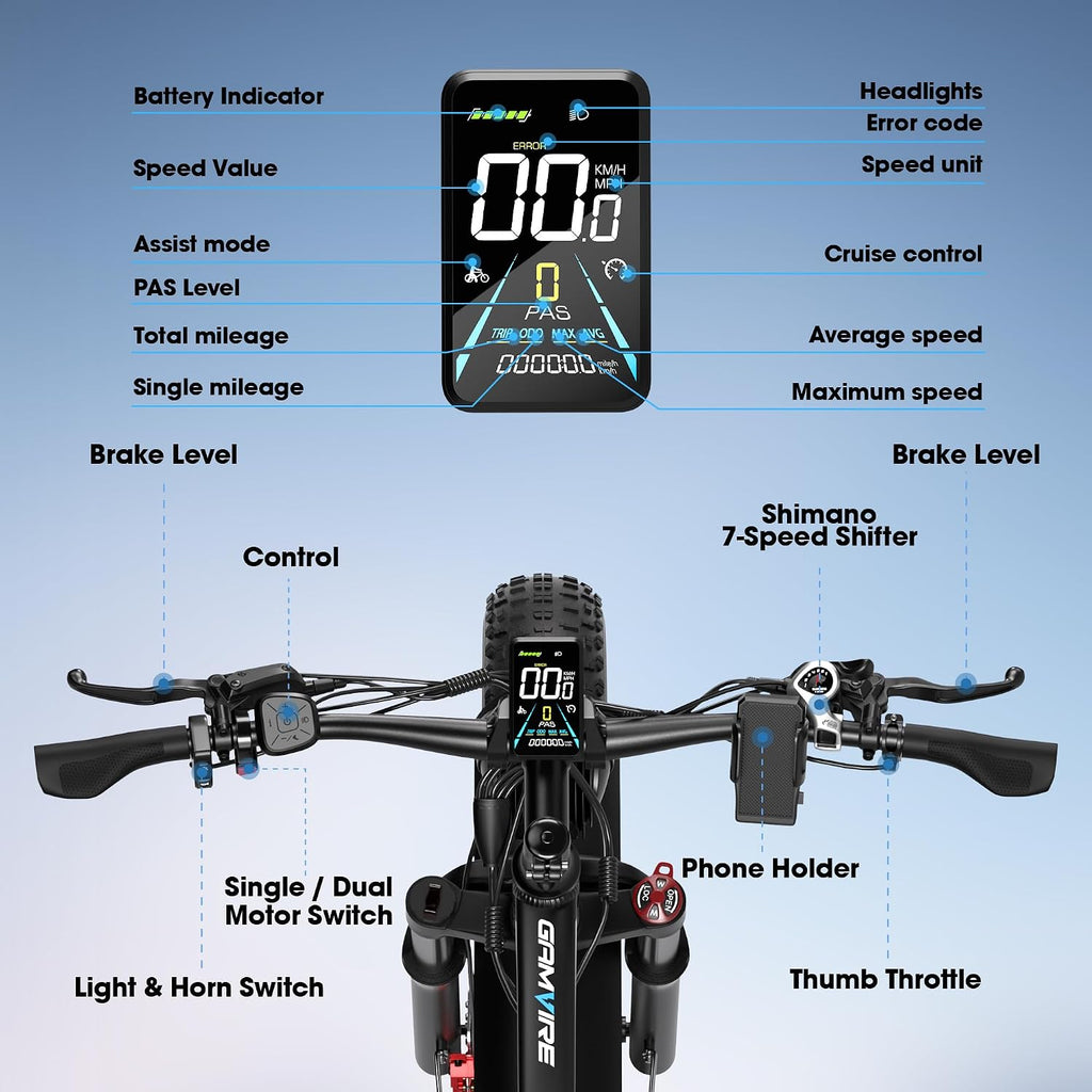 E Bike for Adults, Peak 6000W Dual Motor Electric Bike, 52V 32AH Battery 45 M P H Up to 100 Miles EBike, Front Suspension 7-Speed 24' Fat Tire Electric Commuter Bike, UL2849 Certified By SGS