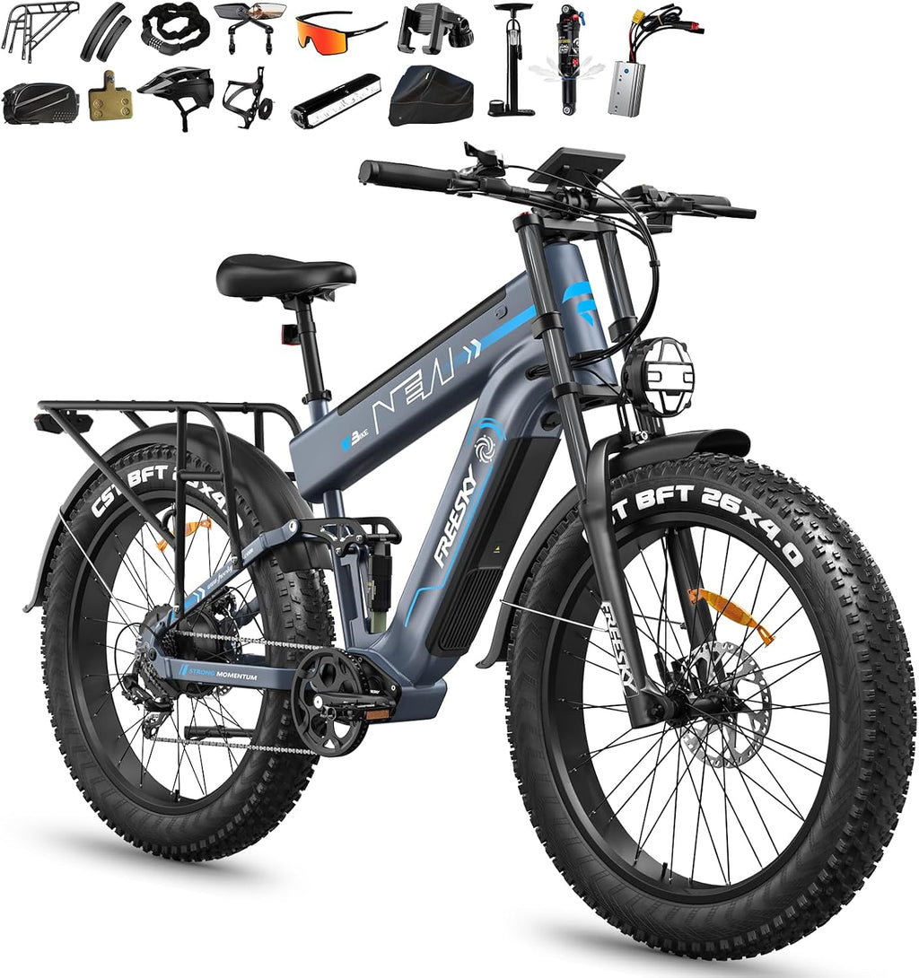FREESKY Dual Battery Electric Bike for Adults, 48V 45AH 200 Miles Long Range E Bike, 4000W Motor 40MPH+, 26' Fat Tire Fast Mountain EBike, Full Suspension & Hydraulic Brakes, UL 2849 Certified by TÜV