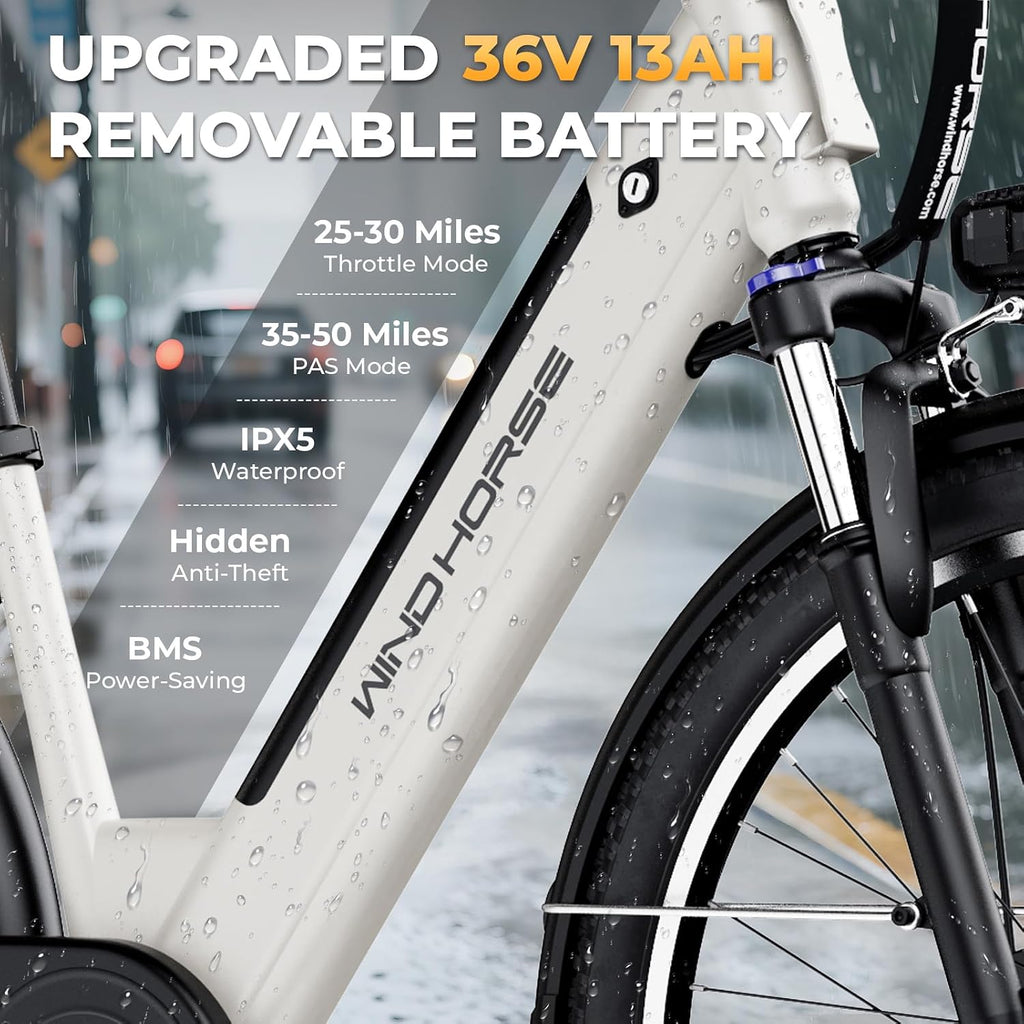 WINDHORSE 26' Electric Bike for Adults 20MPH & 30-50 Miles Range, Shimano 7-Speed, 468WH Removable Battery Commuter Ebike with 750W Peak Motor, Front Suspension, Rear Rack, Fenders, UL2849 Certified