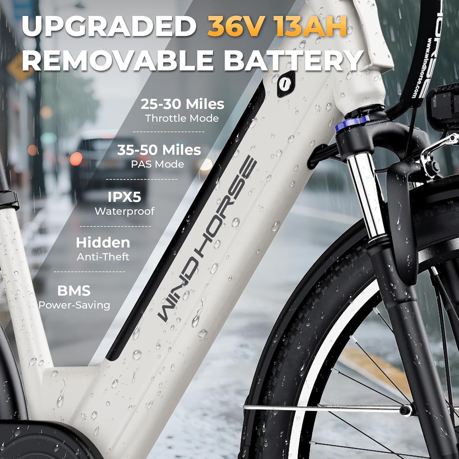 WINDHORSE 26' Electric Bike for Adults 20MPH & 30-50 Miles Range, Shimano 7-Speed, 468WH Removable Battery Commuter Ebike with 750W Peak Motor, Front Suspension, Rear Rack, Fenders, UL2849 Certified