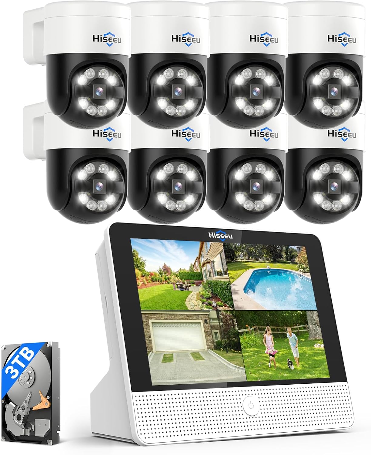 【Human Tracking+330° View】 Hiseeu 4K PoE Security Camera System,All-in-one 12' Monitor,8Pcs 5MP PoE PTZ Security Cameras for Home Security Outdoor,2-Way Audio,Color Night Vision,16CH Expandable
