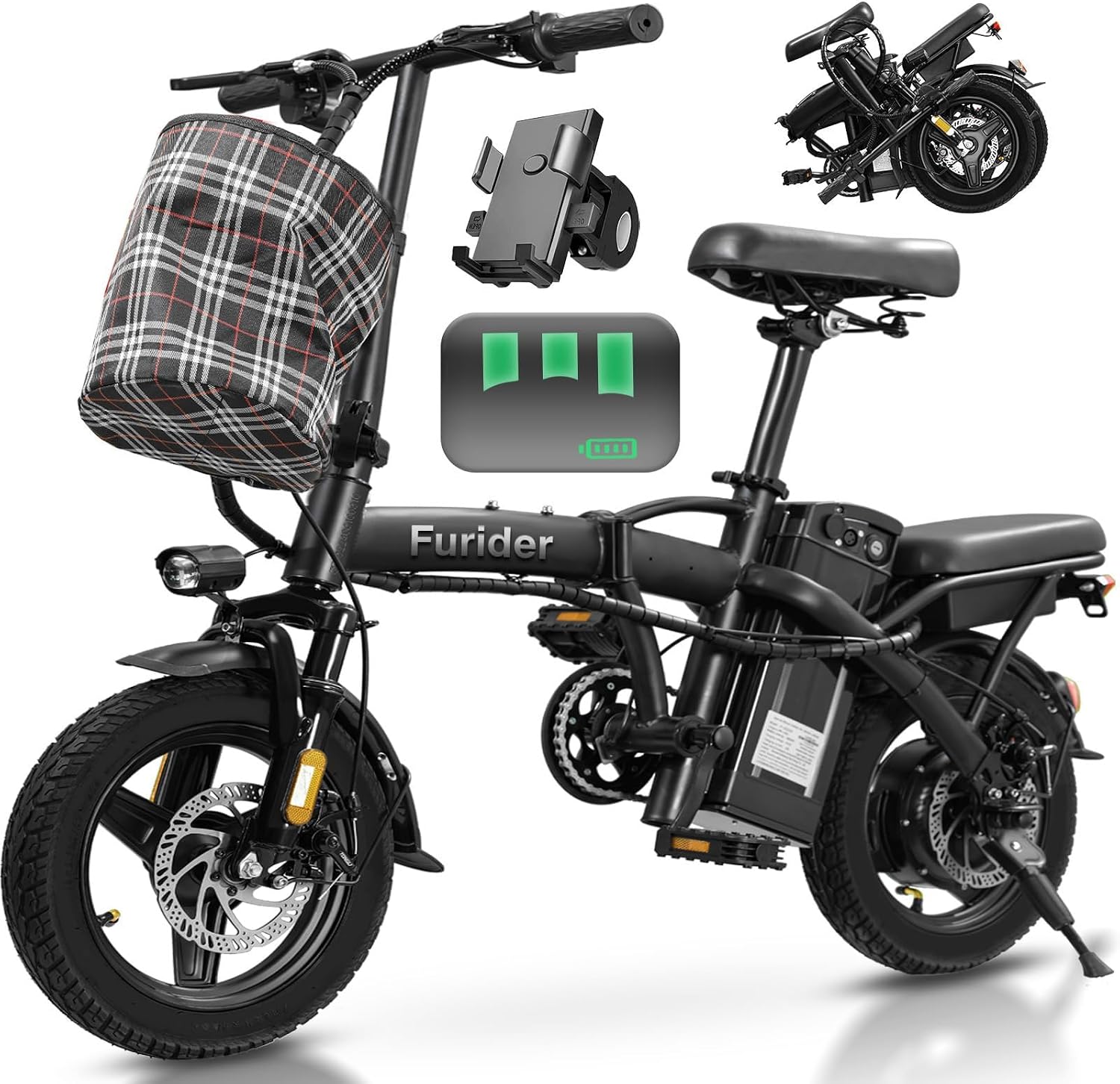 Electric Bike for Adults and Teens, 560W Motor 24MPH Compact Commuter Ebike, 32 Miles Range, 48V 10Ah Battery, 3 Shock Absorbers, 14' Mini Foldable Electric Bicycles with Basket, UL 2849 Certified
