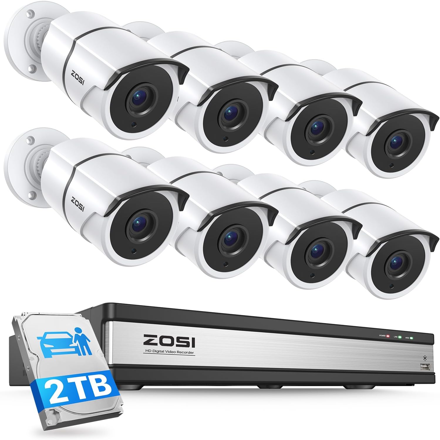 ZOSI 16 Channel Wired Security Camera System with 2TB HDD, 8 x 1080P Outdoor Metal CCTV Cameras with Audio, Human/Vehicle Detection, Night Vision, No Monthly Fee, 16CH DVR for Business 24/7 Recording