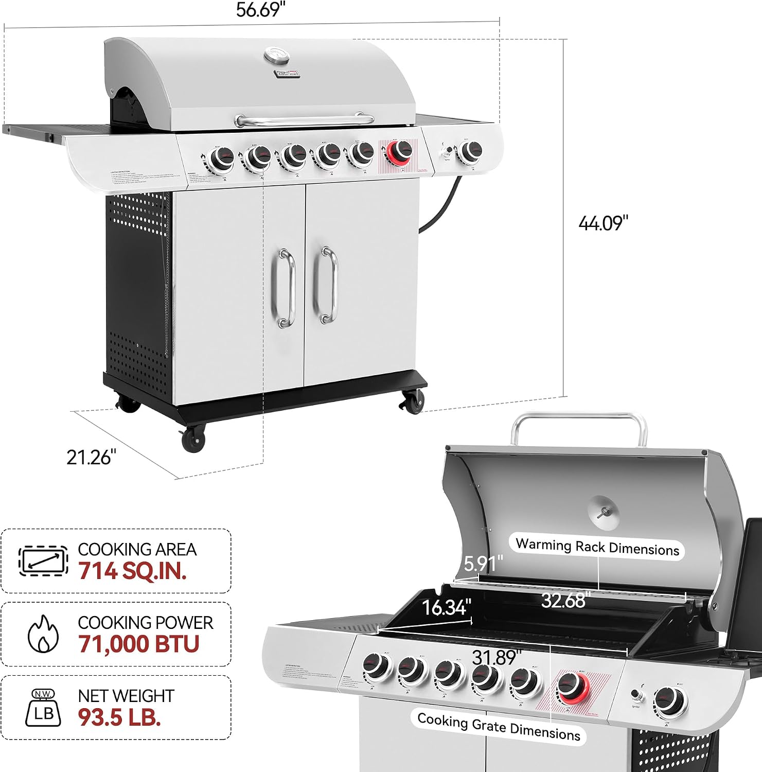 Royal Gourmet SG6002R 6-Burner Propane Grill with Sear Burner and Side Burner, Stainless Steel Cabinet Style Gas Grill with 71,000 BTU Output, for Outdoor Patio Garden Picnic Backyard Cooking, Silver