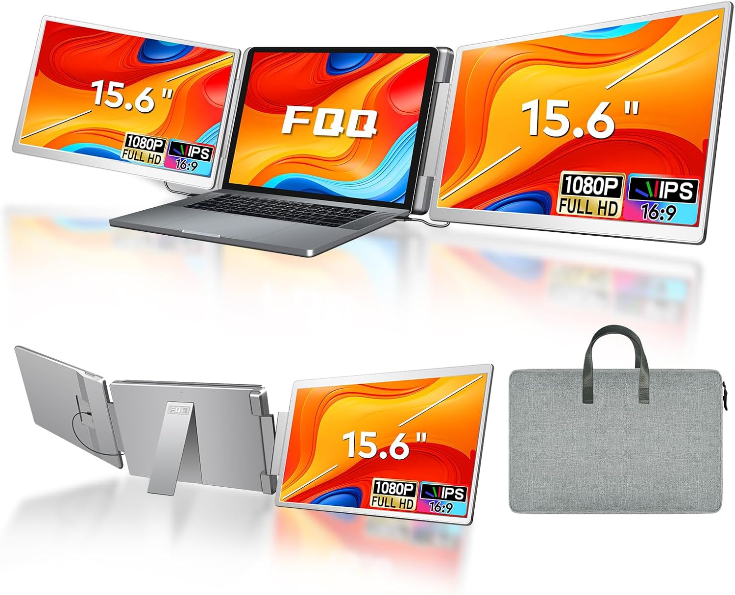 15.6' Laptop Screen Extender, Left Screen 360° Flip Triple Screen Monitor Extender, FHD 1080P IPS Portable Travel Monitor Display, fit for 12-18.5' Laptops, Compatible with Windows and MacBook-S10