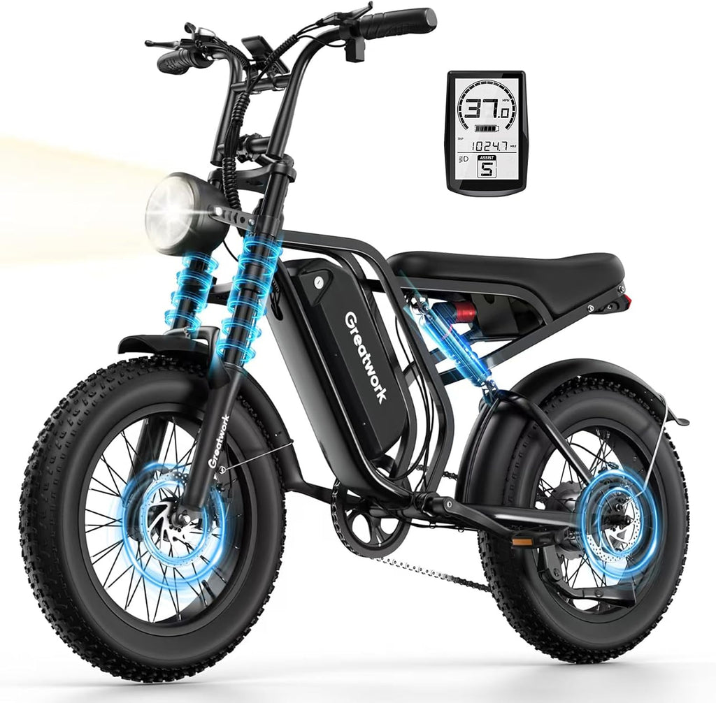 GREATWORK 2500W Peak Electric Bike for Adults, 1200Wh Removable Battery, Max 37MPH & 100 Miles Electric Dirt Bike with Full Suspension, 20'x4' Fat Tire Motorcycle Style Commuter Ebike for Men Women