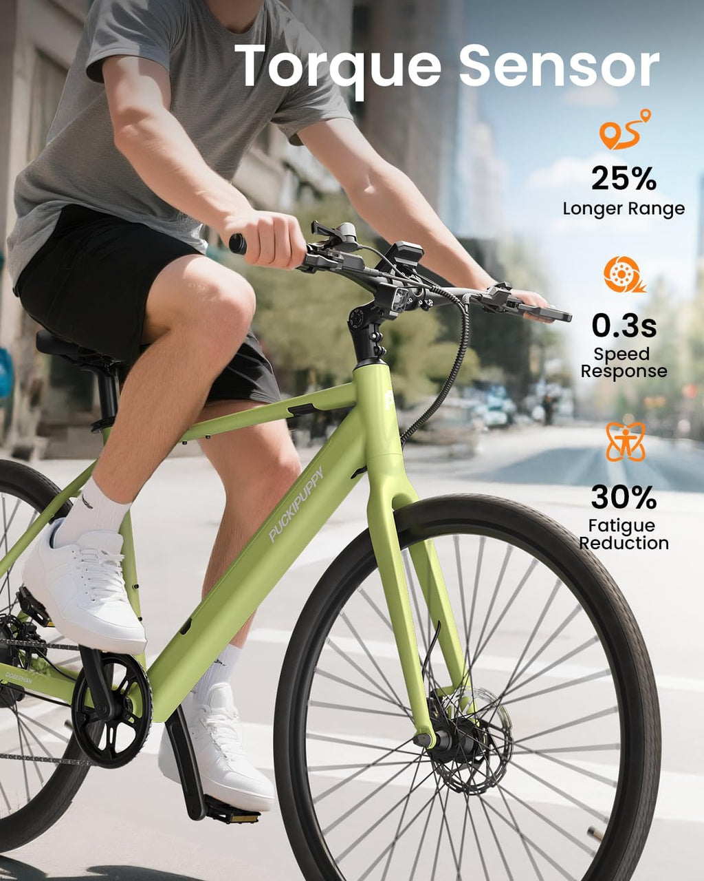 PUCKIPUPPY Electric Bike for Adults, 42lb Air-Light Aluminum Ebike with Torque Sensor, 28' Electric Bicycle with 360Wh Energy Battery, 600W 25MPH Peak E Bike, 7 Speed, 45Nm, Leather seat