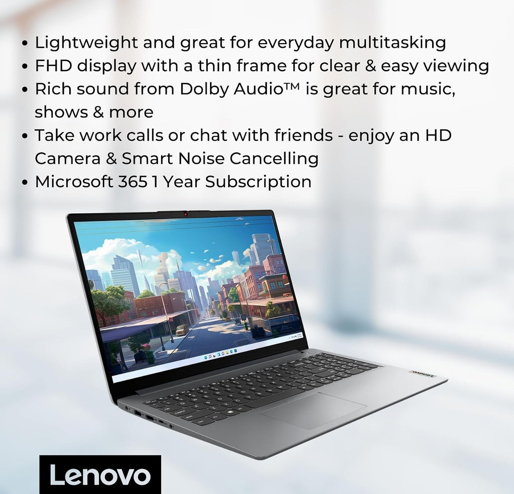 Lenovo IdeaPad 1 Student Laptop, 15.6' FHD Display, Intel Dual Core Processor, 12GB RAM, 256GB SSD + 128GB eMMC, 1 Year Office 365, Wi-Fi 6, SD Card Reader, W11H, Grey, Additional 1 Yr ADP