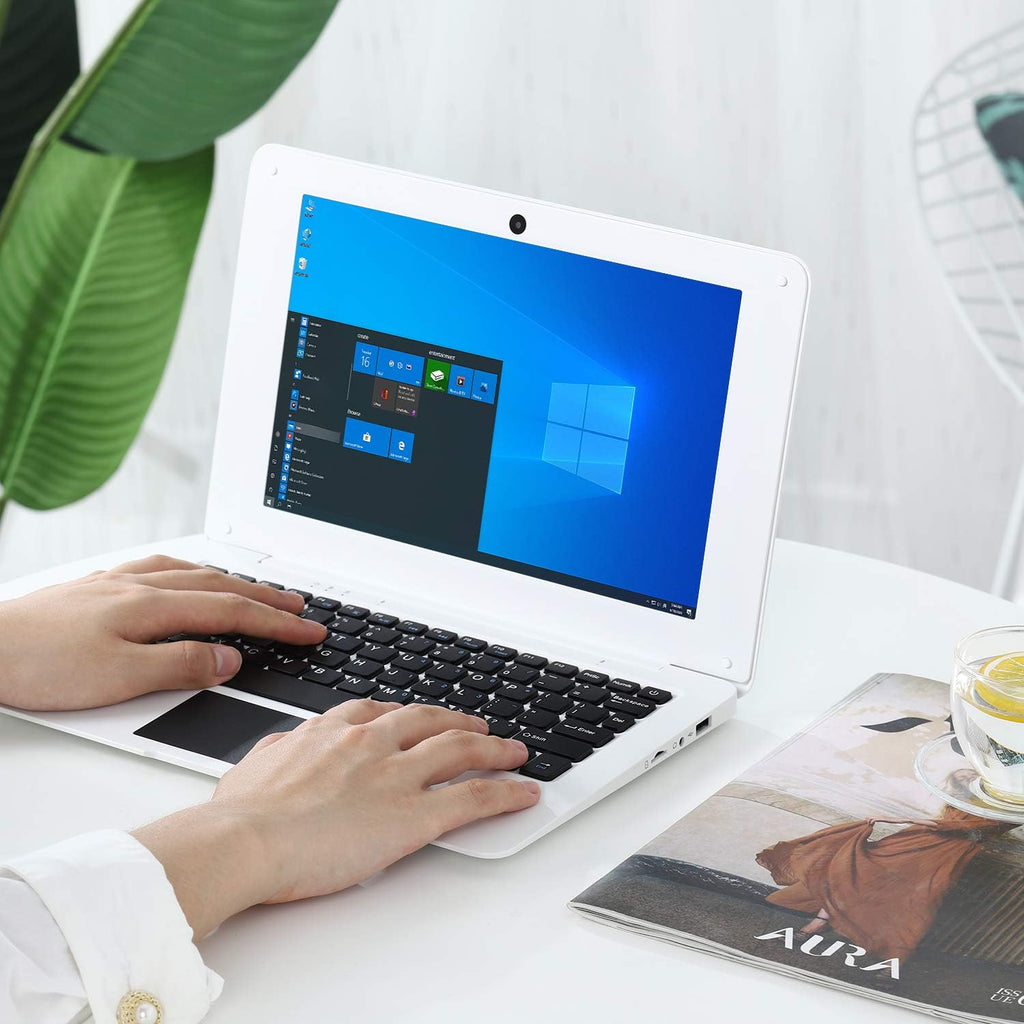 Windows 10 Computer Laptop Mini 10 Inch 32GB Ultra Thin and Light Netbook Quad Core CPU PC HDMI WiFi USB YouTube (White)