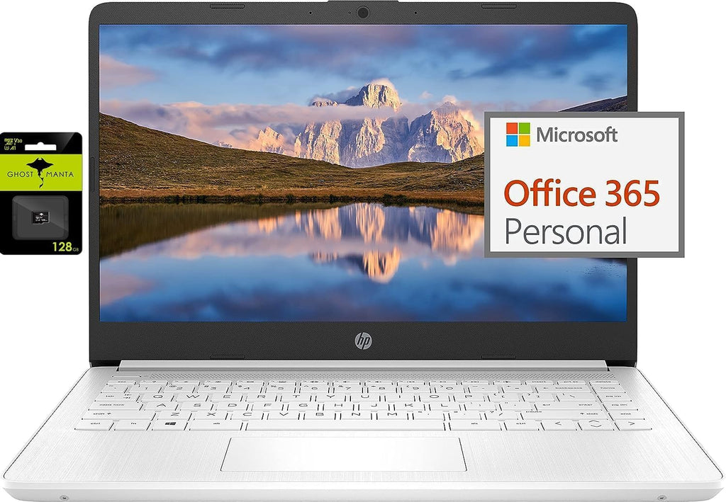 HP 14' Ultral Light Laptop for Students and Business, Intel Quad-Core, 8GB RAM, 192GB Storage(64GB eMMC+128GB Ghost Manta SD Card), 1 Year Office 365, USB C, Win 11 S