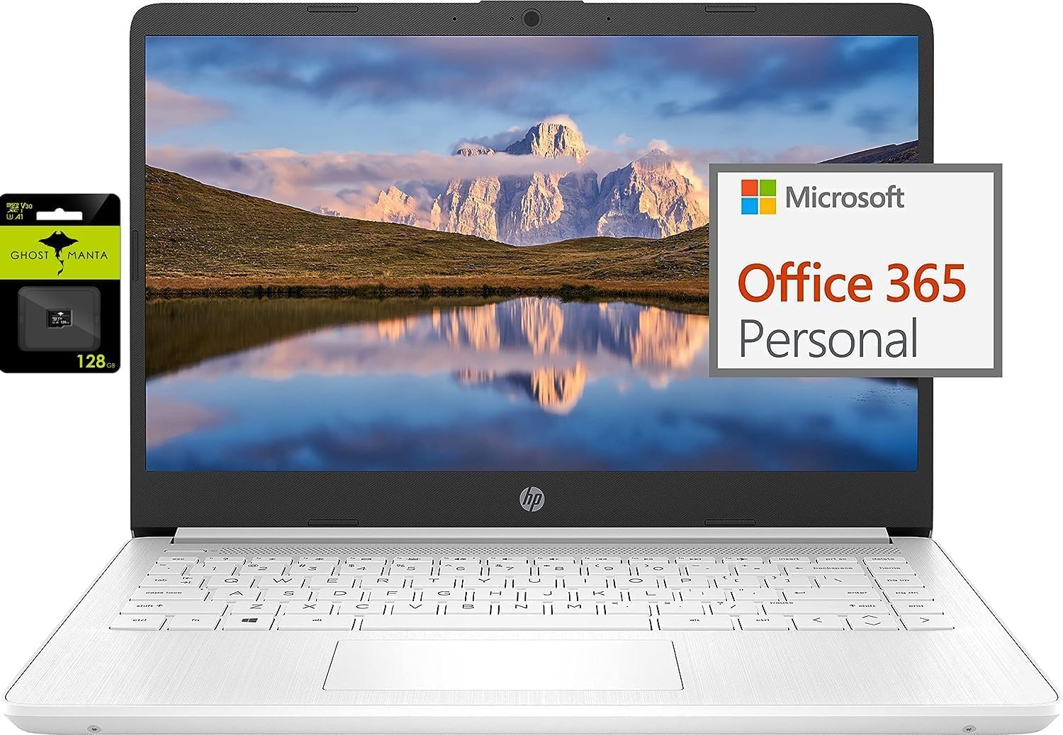 HP 14' Ultral Light Laptop for Students and Business, Intel Quad-Core, 8GB RAM, 192GB Storage(64GB eMMC+128GB Ghost Manta SD Card), 1 Year Office 365, USB C, Win 11 S