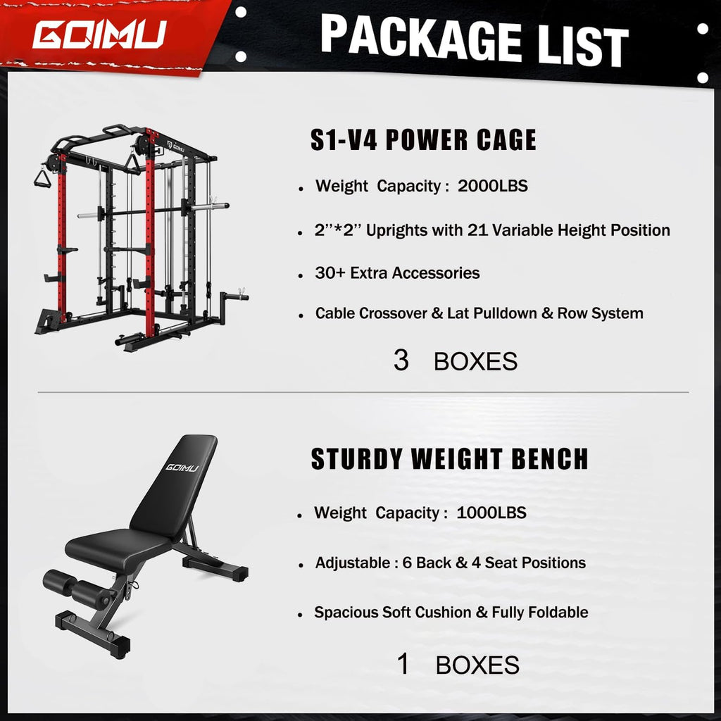 S1-V4 Smith Machine, 2000LBS Power Cage with Cable Crossover System, All-in-One Squat Rack with Smith Bar, Strength Training Equipment for Hone Gym