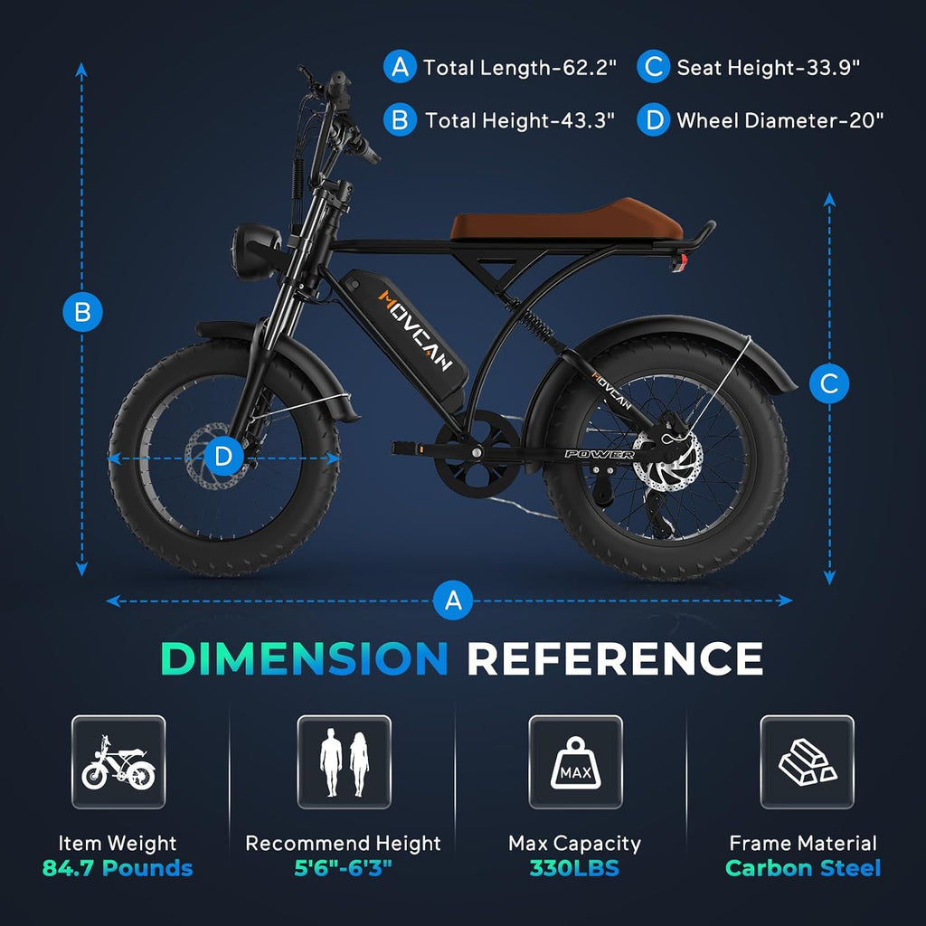 Movcan V60/V60 Pro Electric Bike, 48V 15.6/18.2Ah Removable Battery 20' Fat Tire Electric Bike, 1000/1500W Motor 30/33MPH Top Speed Electric Motorcycle, for Commute/Offroad/School/Rain/Snow Riding.
