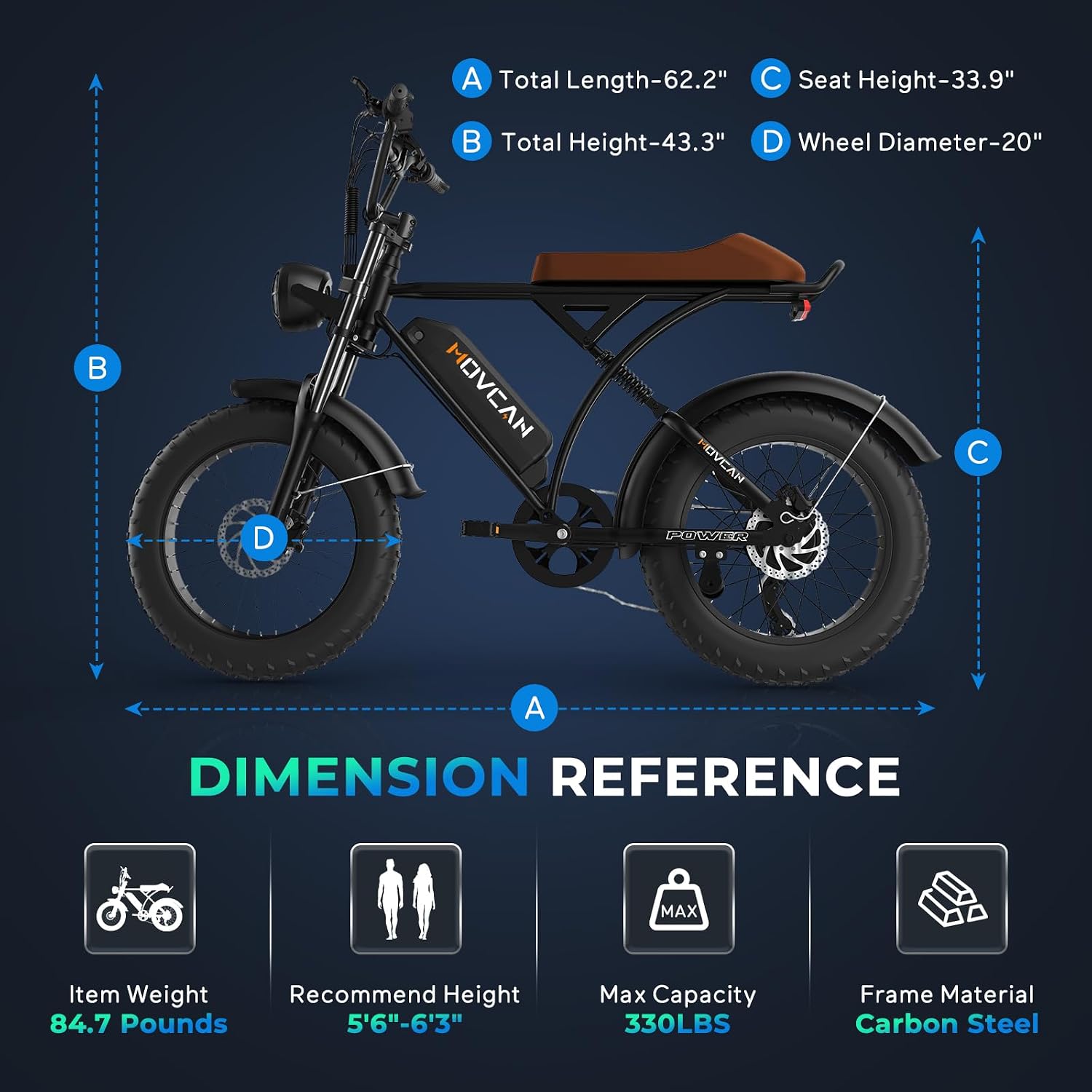 Movcan V60/V60 Pro Electric Bike, 48V 15.6/18.2Ah Removable Battery 20' Fat Tire Electric Bike, 1000/1500W Motor 30/33MPH Top Speed Electric Motorcycle, for Commute/Offroad/School/Rain/Snow Riding.