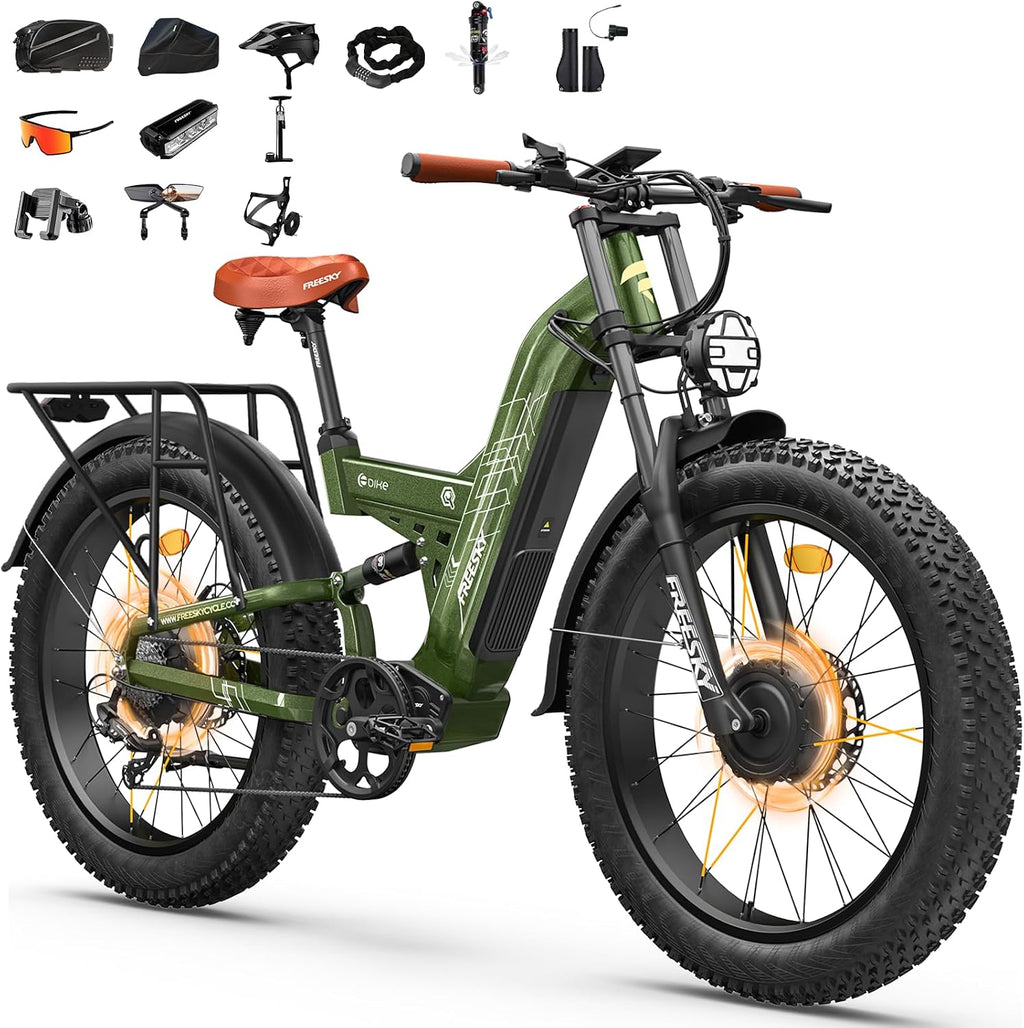 FREESKY 4000W Dual Motor Electric Bike for Adults, 48V 30AH Samsung Cells Battery 120Miles Range, 40MPH AWD Fast E-Bike, 26' Fat Tire Full Suspension Electric Mountain Bike, UL2849 Certified by TÜV