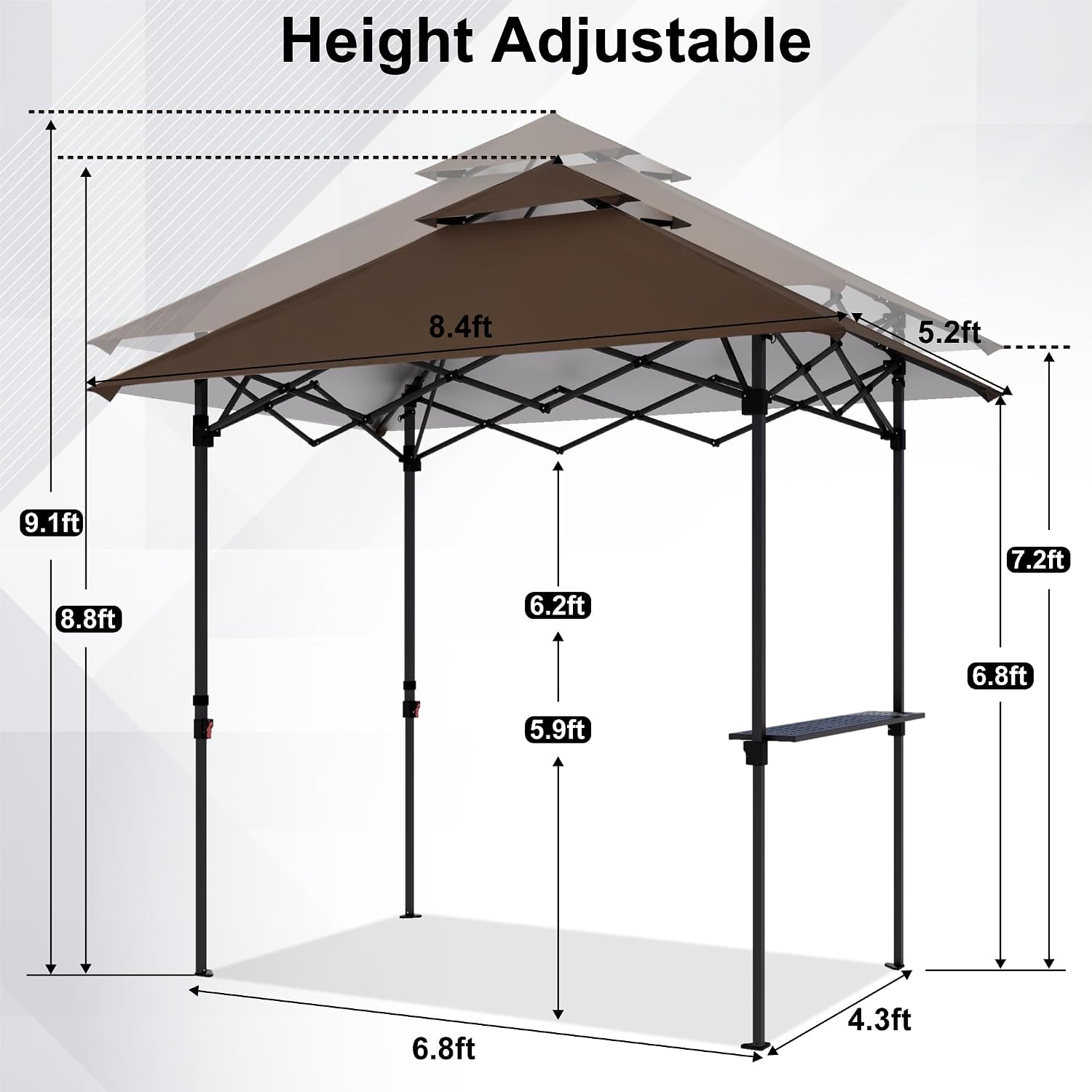 ABCCANOPY 8x5 Pop Up Grill Gazebo - Outdoor BBQ Canopy with Shelf & Sidewall, Portable Barbeque Shelter with 2 Magnetic LED Lights, Carry Bag for Patio Garden Events Picnic Grilling, Brown