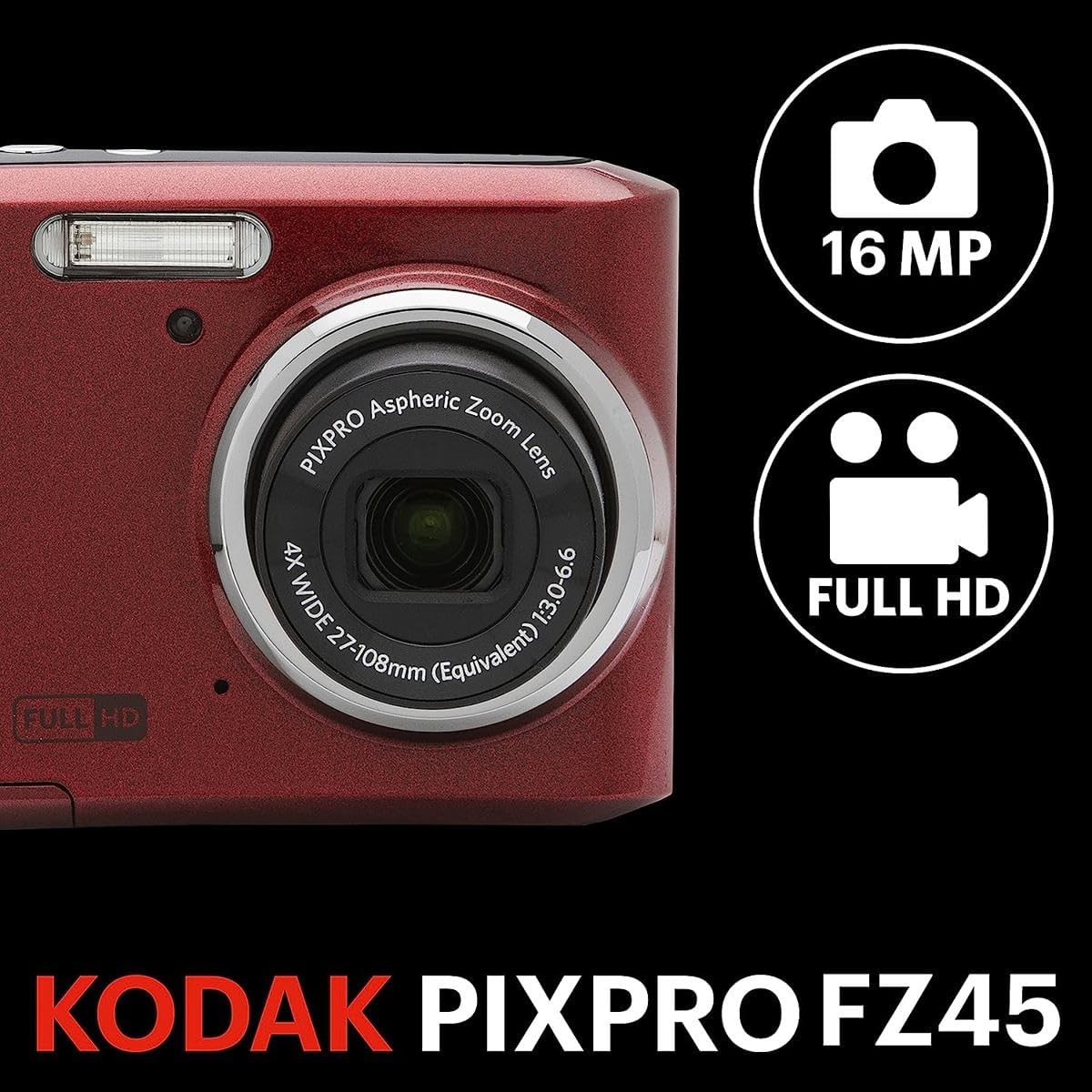 KODAK PIXPRO FZ45-BK 16MP Digital Camera 4X Optical Zoom 27mm Wide Angle 1080P Full HD Video 2.7' LCD Vlogging Camera, Bundle with Camera Case and 32GB SD Card (Red)