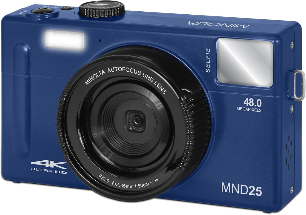 Minolta 48MP Autofocus Digital Camera with Selfie Mirror – 4K Ultra HD Video, 16x Digital Zoom, 3.0' LCD, Face Detection, Smile Capture, Scene Modes, Rechargeable Battery, Memory Card (Blue)