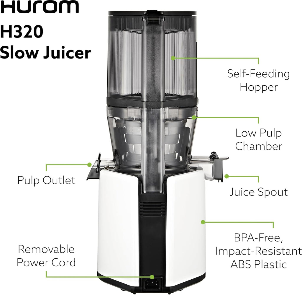 Hurom H320N Cold Press Juicer Machine, Easy to Clean Masticating Slow Juicer, Coarse Strainers, Self-Feeding, Hands Free, Family Size, Quiet Motor, Easy Assembly (White)